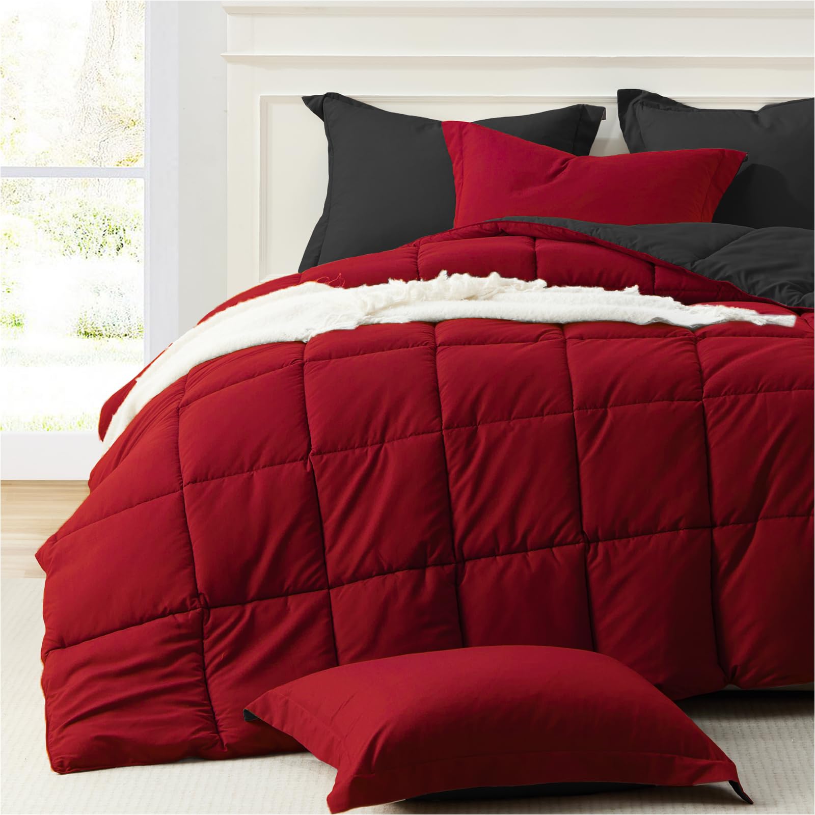Homelike Moment Queen Comforter Set Red Black, Comforters Queen Size Set Lightweight Reversible Down Alternative Bed Comforter F