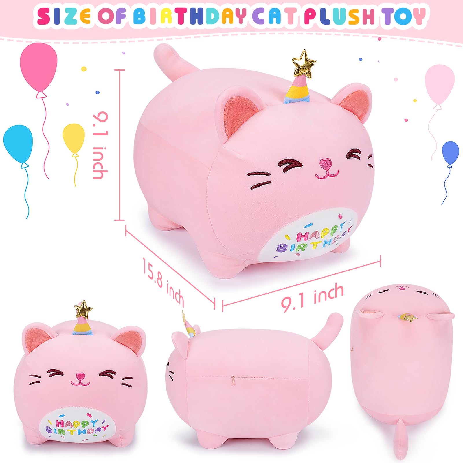 Pink Birthday Cat Plush Stuffed Animals-Gifts For Girlfriend, 16' Pink Cat Plush, Kawaii Plushies Cat Body Pillow Cat Plushie,