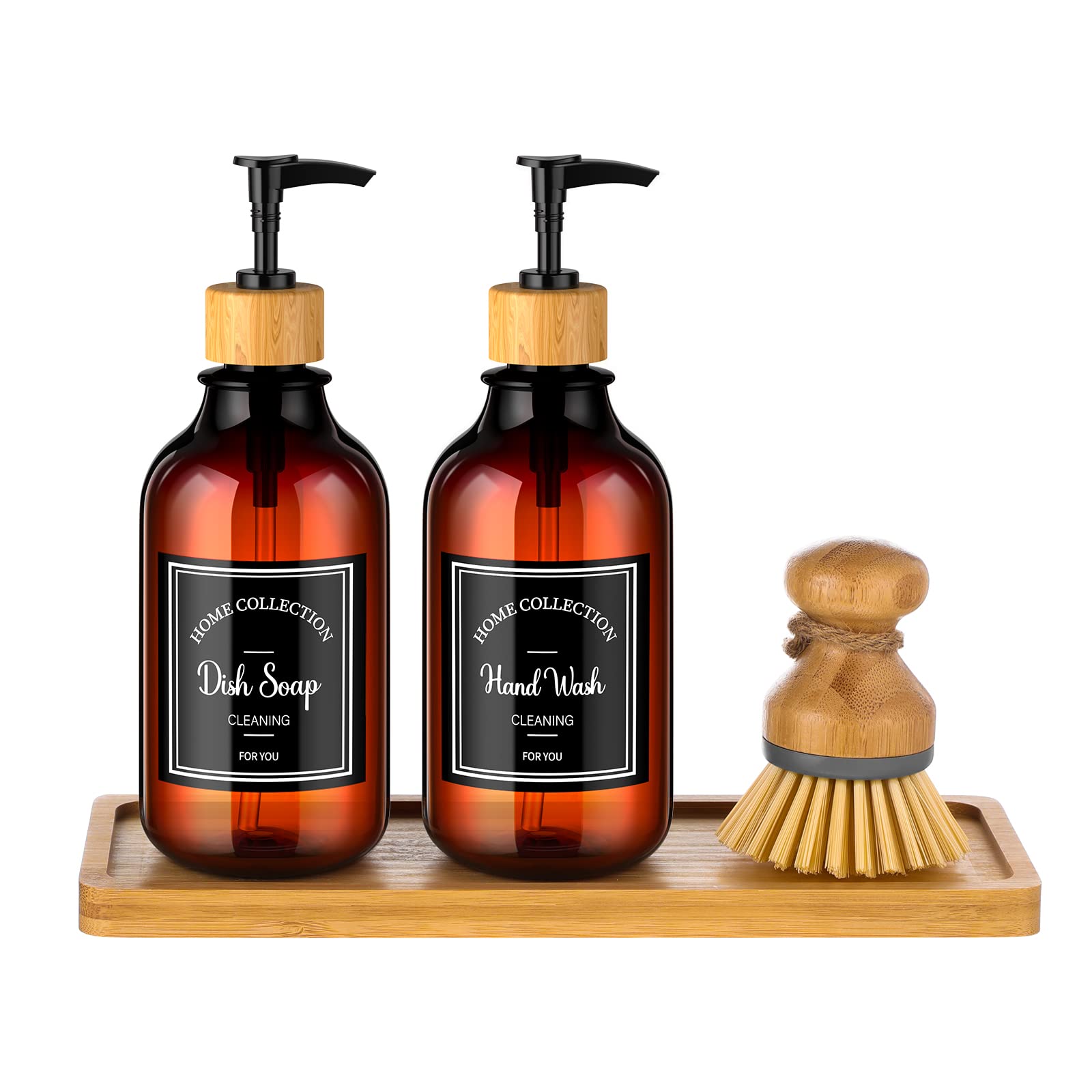 Zopeal 4 Pcs Kitchen Soap Dispenser Set 16 oz Dish Soap Dispenser with Bamboo Tray and Dish Brush Plastic Soap Dispenser Set wit