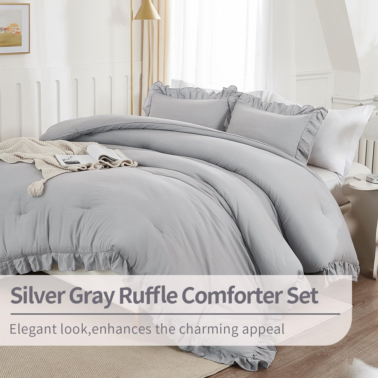 Andency Silver Gray Twin Size Comforter, 2 Pieces Farmhouse Classic Chic Ruffle Comforter For Kids, Lighteweight Soft Microfiber Bedding Set For Girls(1 Ruffle Comforter And 1 Pillowcase)