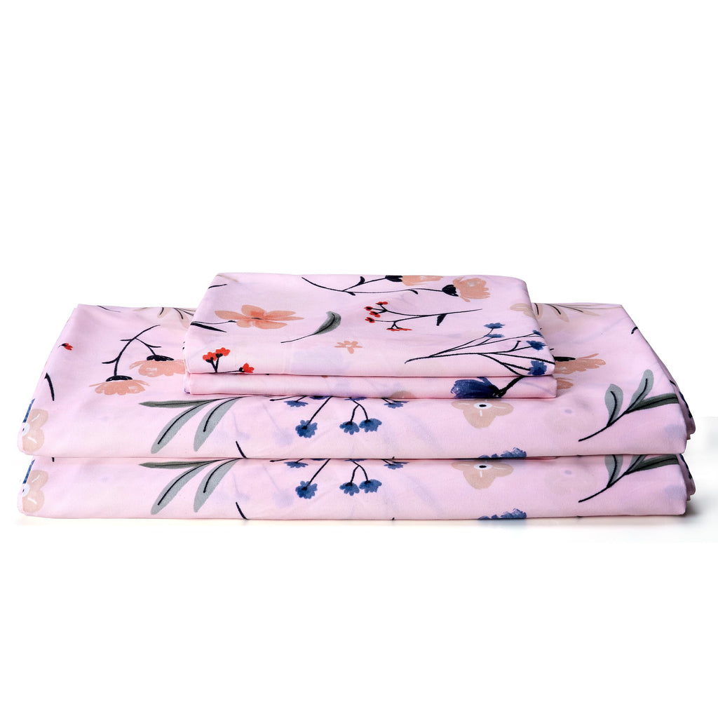 Pink Queen Sheets Set Flower Bed Sheets 4 Piece - Pink Botanical Patterned Sheets Microfiber Bedding Decor - Breathable & Durable Queen Sheet Set Up To16 Inches Deep Pocket Queen Bed Sheets