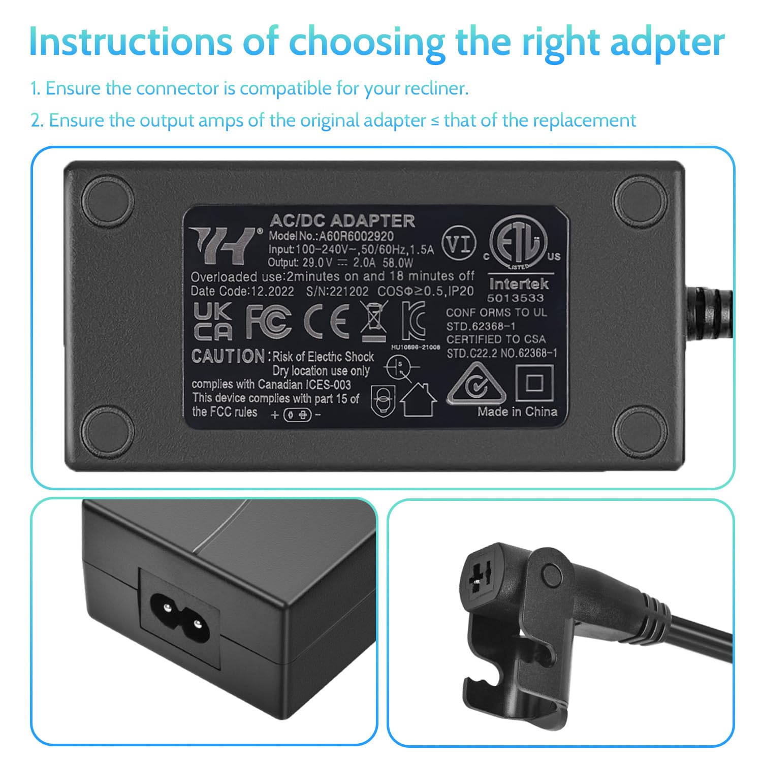 Sopito Power Recliner Power Supply Adapter Kit, 29V 2A Transformer, Black Plastic, 6.6ft Extension Cord
