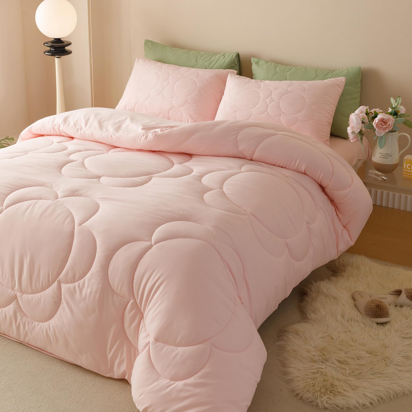 Clothknow Pink Floral Twin Comforter Set 3Pcs Daisy Puff Bedding Comforter Sets Boho Comforter Twin Soft Pink Comforter Sets Twin Blush Floral Comforter