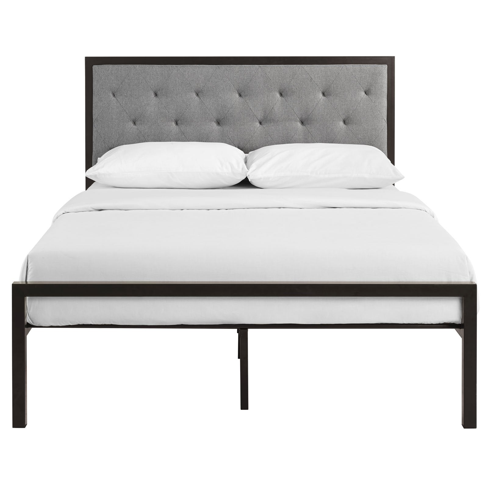 Modway Mia Upholstered Brown Beige Tufted Platform Bed with Metal Slat Support in Full