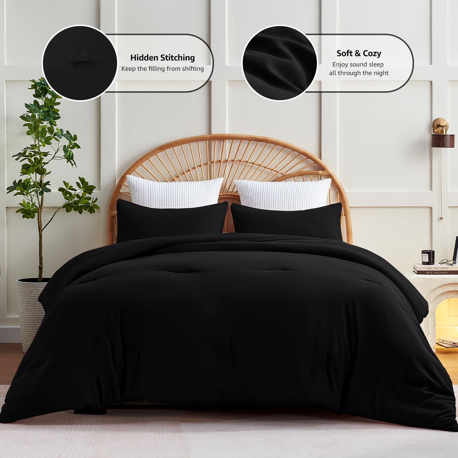 Cozylux California King Comforter Set Black, 3 Pieces Cal King Solid Breathable Boho Style Bedding Sets, Cozy Luxury Fluffy Soft Microfiber Quilt Comforter For All Season(1 Comforter & 2 Pillowcases)