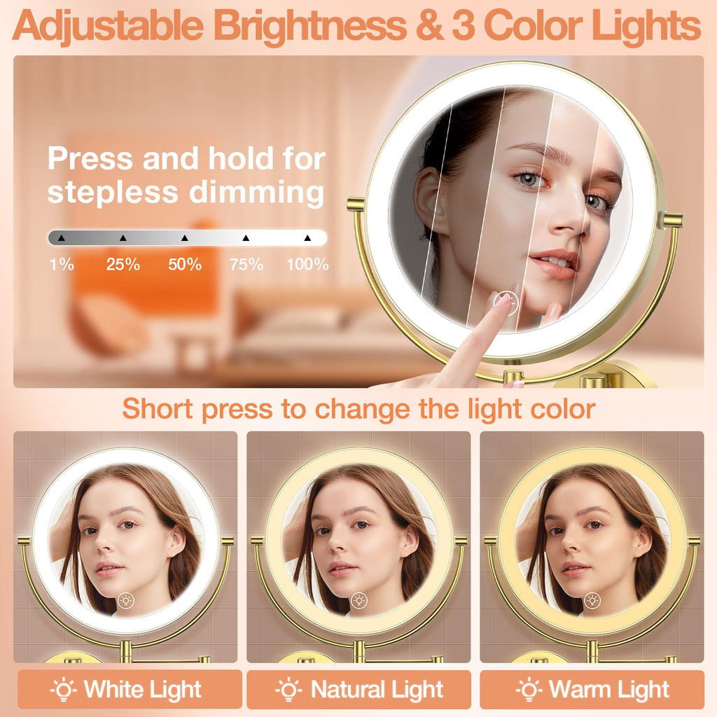 Benbilry 9    Wall Mounted Lighted Makeup Vanity Mirror With 3 Color Dimmable Lights, Super Large 1X/10X Magnifying Double Sided