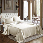 Cozylux Satin Sheets Queen Size - 4 Piece Beige Bed Sheet Set With Silky Microfiber, 1 Deep Pocket Fitted Sheet, 1 Flat Sheet, A