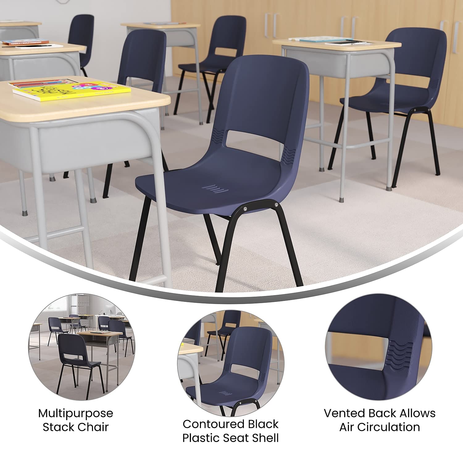 Flash Furniture Hercules Series 661 Lb. Capacity Navy Ergonomic Shell Stack Chair With Black Frame And 16'' Seat Height