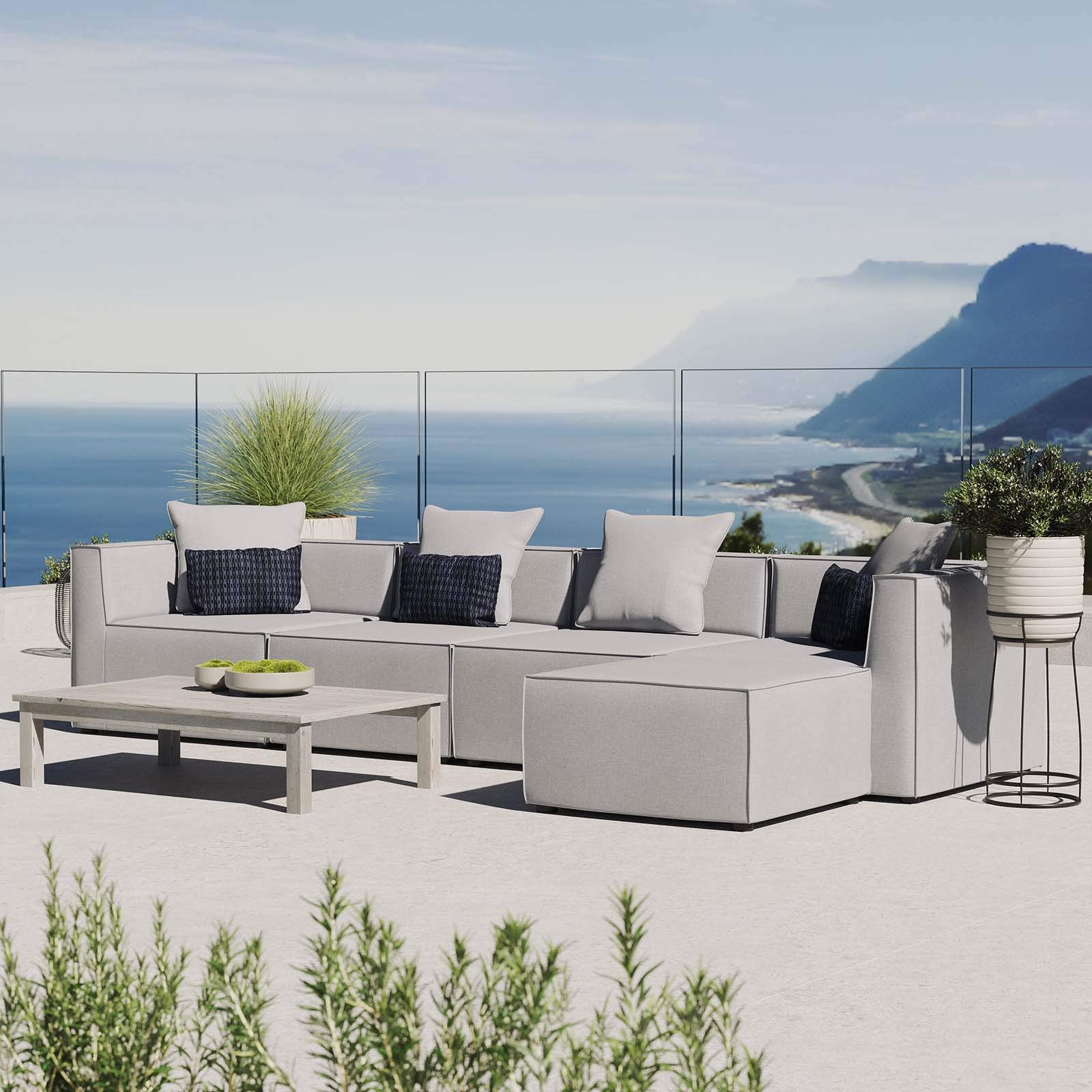 Modway Eei-4382-Gry Saybrook Patio Upholstered 5-Piece Sectional Sofa In Gray, Grey