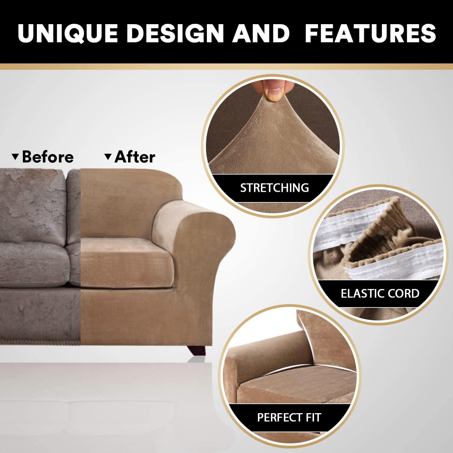Princedeco 4 Pieces Couch Covers Velvet Couch Covers For 3 Cushion Sofa Soft Furniture Protector With Non Slip Elastic Bottom Washable Couch Covers Width Up To 90 Inch (Large, Camel)