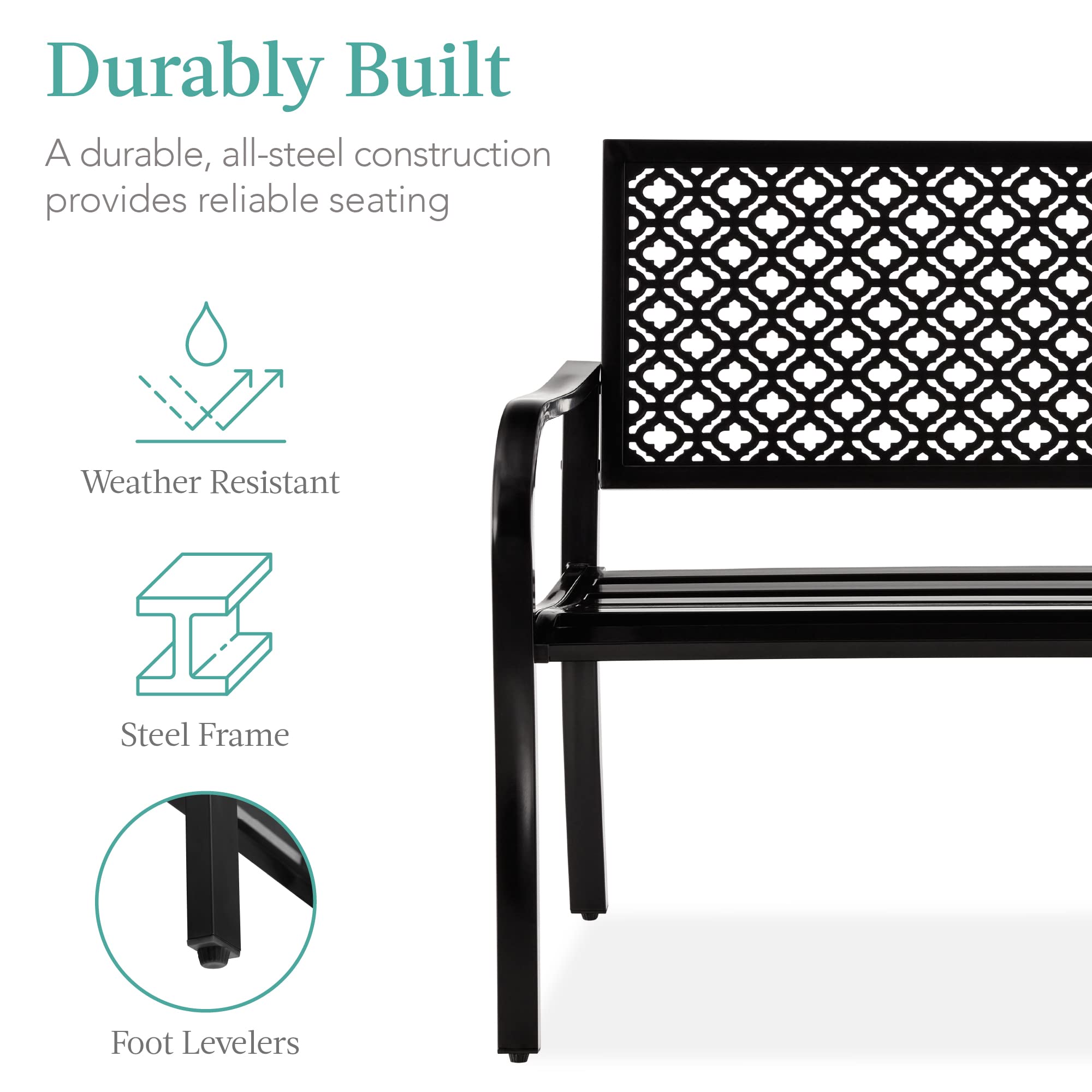 Best Choice Products Outdoor Bench 2-Person Metal Steel Benches Furniture For Garden, Patio, Porch, Entryway W/Geometric Backrest, 790Lb Capacity – Black