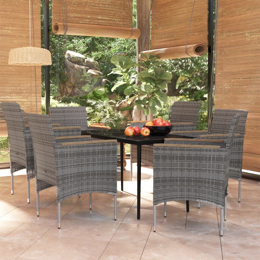 vidaXL 7 Piece Patio Dining Set - Gray & Black Garden Chairs, Table with Cushions, Steel Frame, PE Rattan, Glass Top, Outdoor Furniture