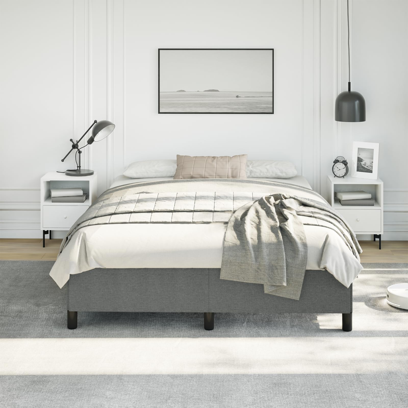vidaXL Queen Size Bed Frame with Plywood Slats, Platform Bed Frame, Fabric Upholstered Mattress Foundation, No Box Spring Needed & Easy Assembly, Dark Gray, Without Mattress
