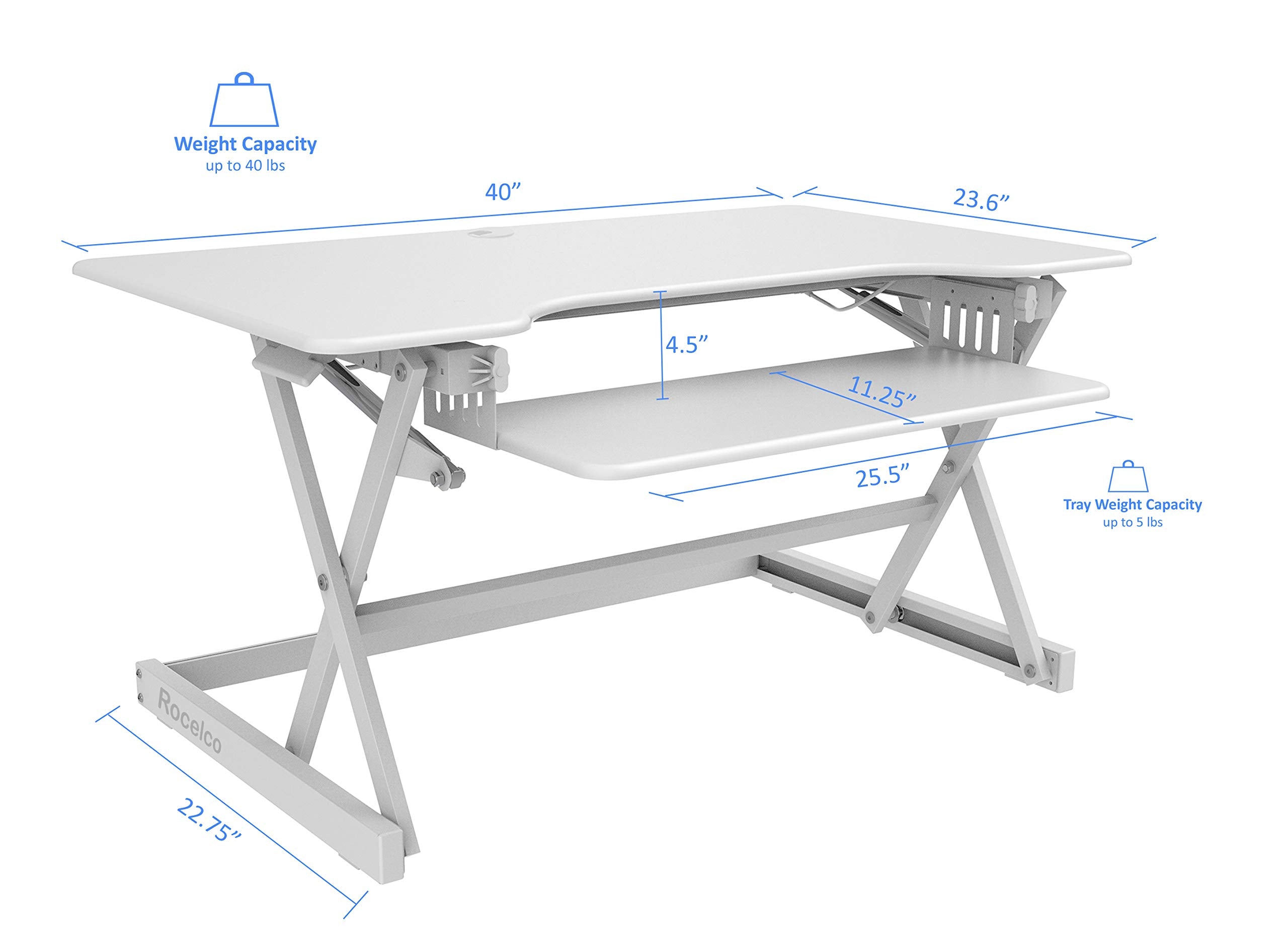 Rocelco 40" Large Height Adjustable Standing Desk Converter with Dual Monitor Mount BUNDLE - Quick Sit Stand Up Computer Workstation Riser - Retractable Keyboard Tray - White (R DADRW-40-DM2)