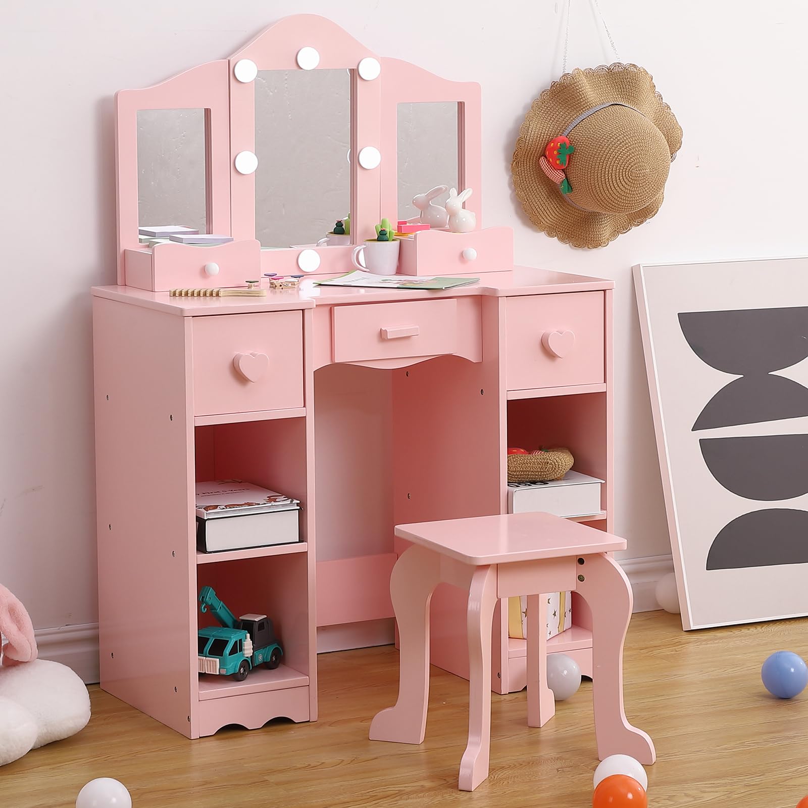 Kids Vanity Set With Mirror, 2 in-1 Wooden Toddler Vanity Table With Stool, Tri-Folding Mirror & Drawer, Princess Pretend Play M