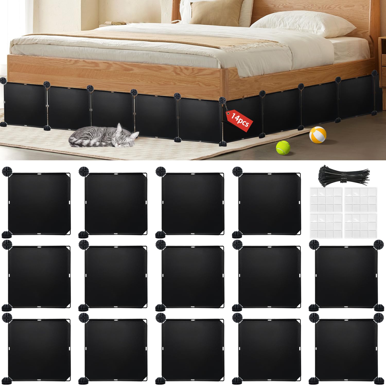 Under Bed Blocker for Pets 11.8 Height 166 Length in Total, Adjustable Bed Blockers to Keep Cats/Dogs Out from Under Beds Fit Qu