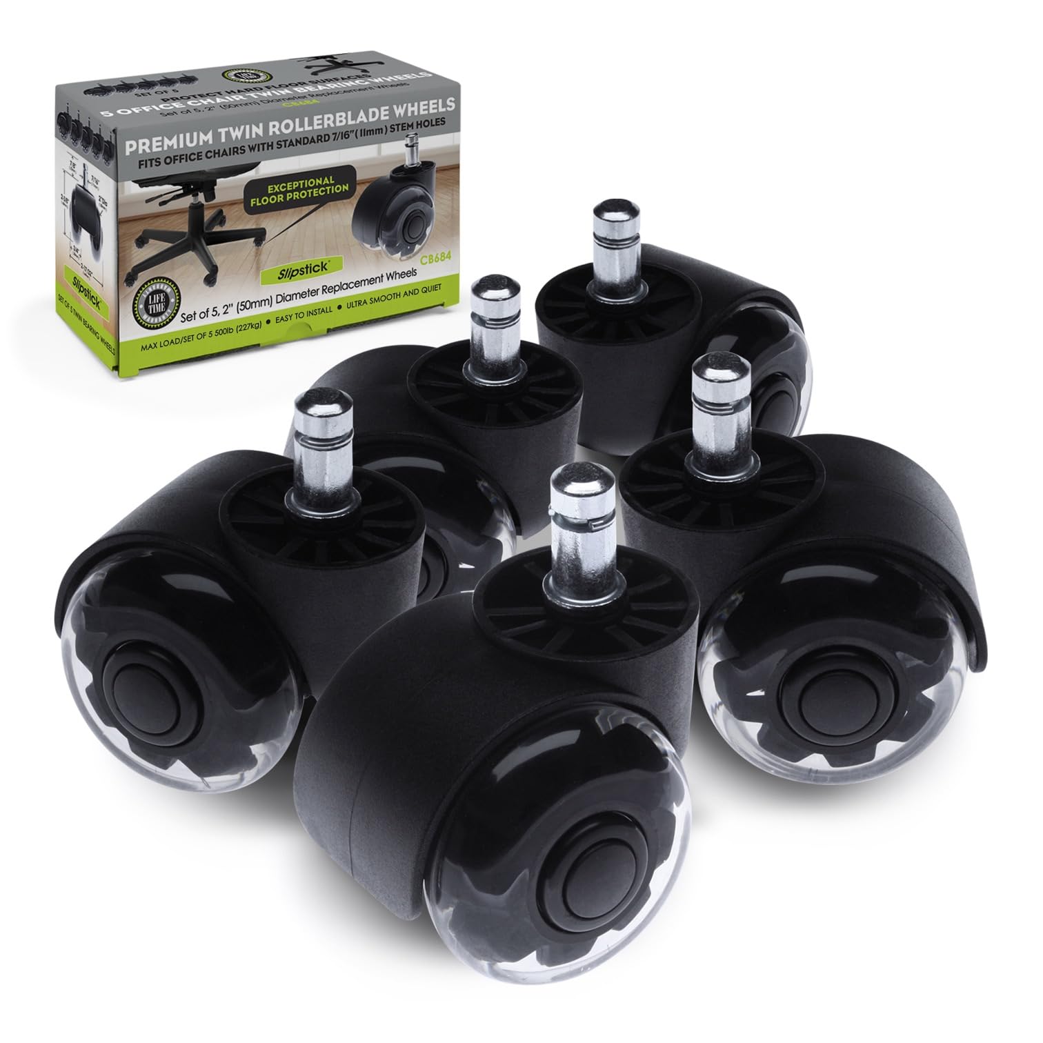 Slipstick 2 Inch Premium Rubber Office Chair Wheels (Set Of 5) For All Hard Surface Floors & Carpet, Heavy Duty Twin Rollerblade