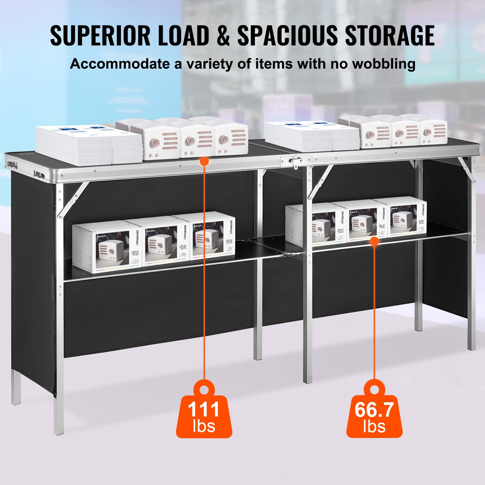 VEVOR Extra Long Folding Portable Bar Tradeshow Podium Table for Indoor, Outdoor, Party, Picnic, Exhibition, Includes Carrying Case, Storage Shelf and Black Skirt, 77.95" x 15.16" x 34.65"
