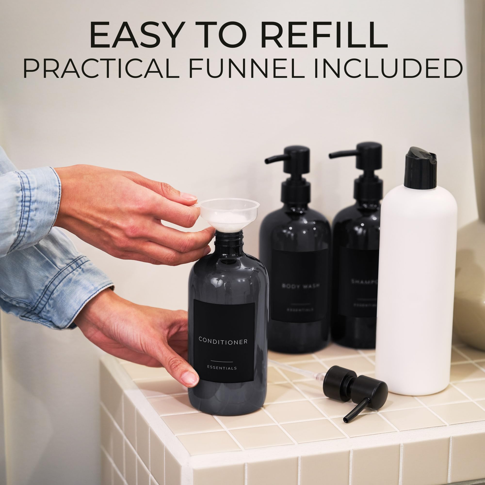Stylish Shampoo And Conditioner Dispenser Set Of 3 - Modern 21Oz Shower Soap Bottles With Pump And Labels - Easy To Refill Body