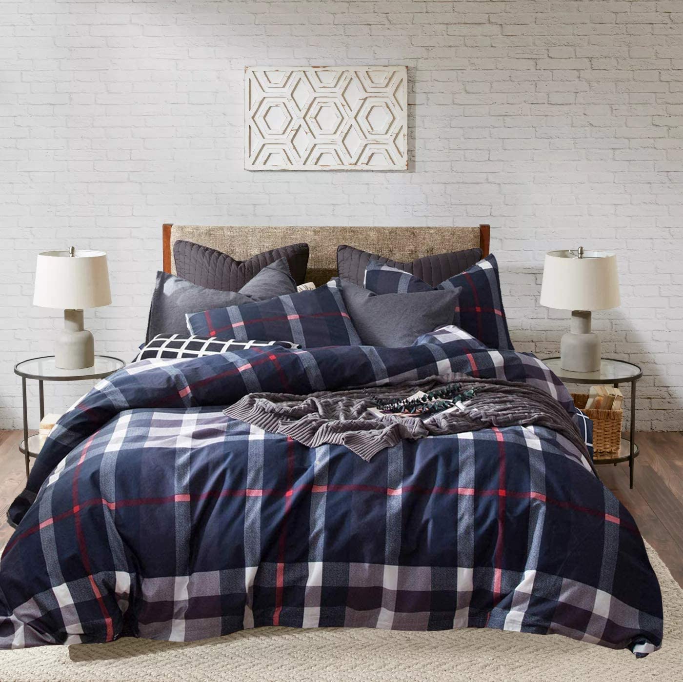 KAREVER Navy Plaid Comforter Set Full Multicolor Checkered Bedding Quilt Set Navy Blue Tartan Grid Comforter Striped Blanket for