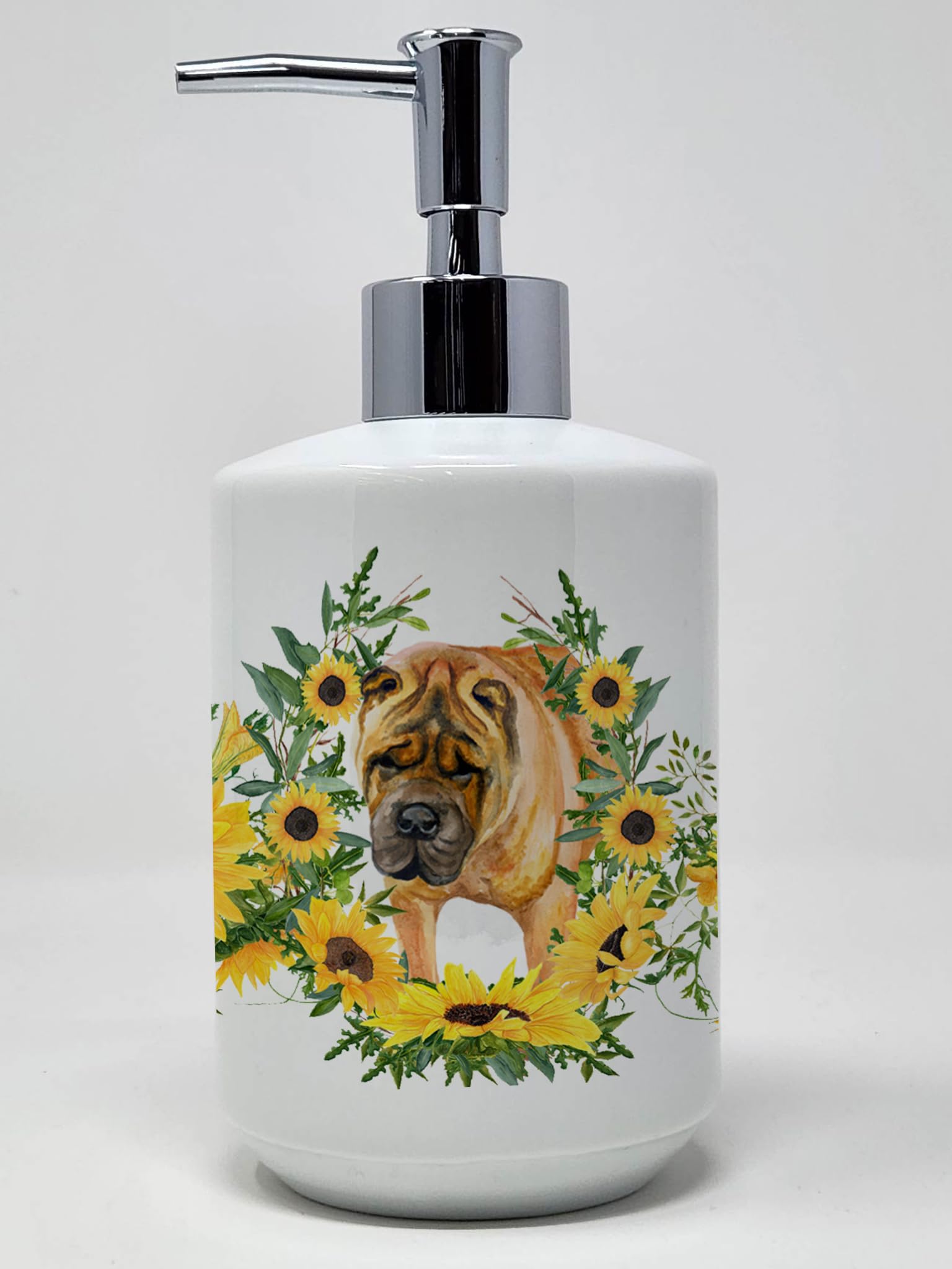 Caroline's Treasures CK2853SOAP Shar Pei in Sunflowers Ceramic Soap Dispenser Hand Soap Dispenser Pump Bottles for Bathroom Kitc