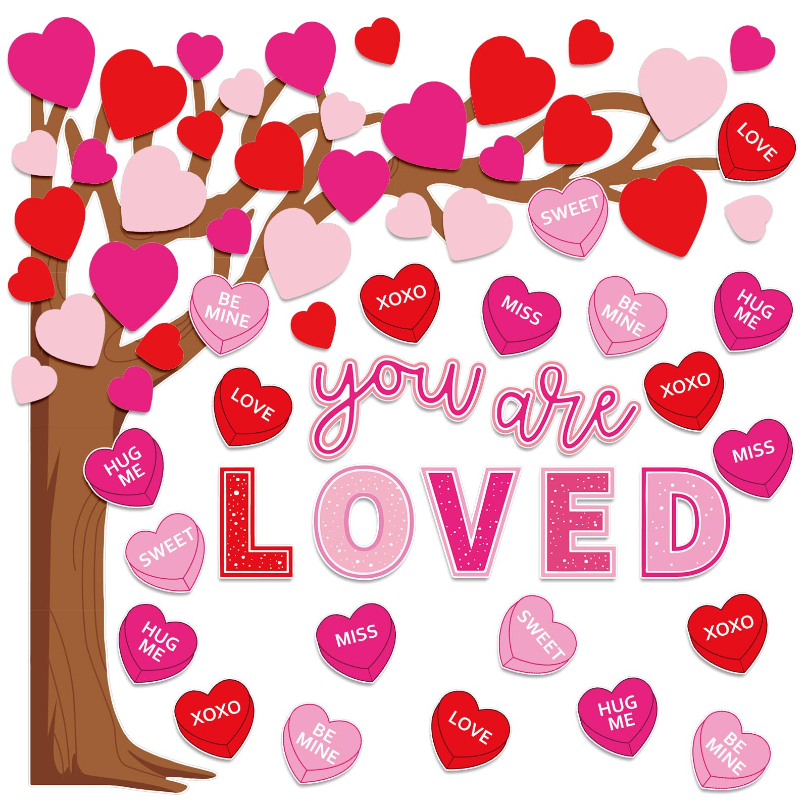 Whaline 99Pcs Valentine'S Day Tree Bulletin Board Decoration Red Pink Heart Classroom Tree Conversation Candy Heart Cutouts With