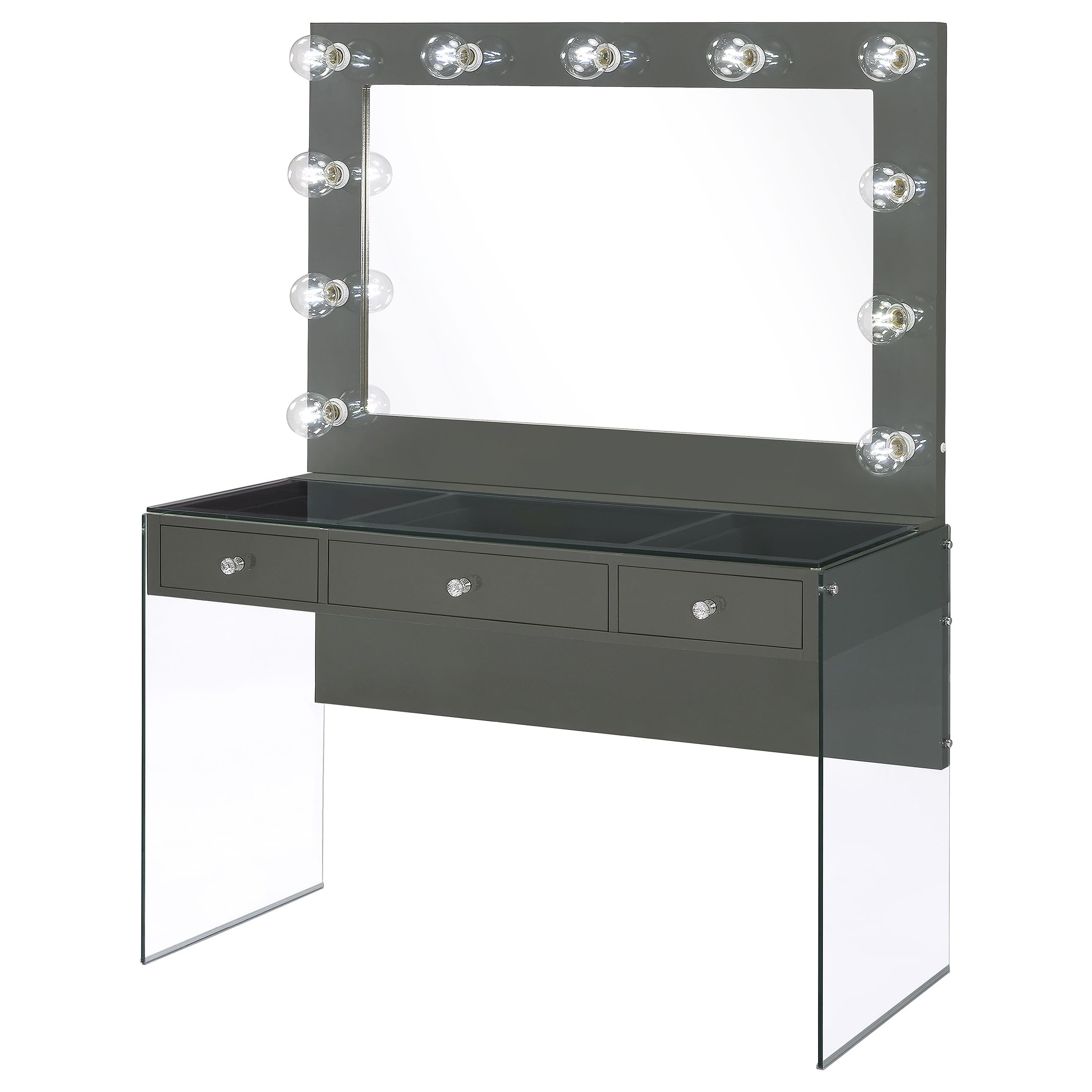 Coaster Home Furnishings Afshan Contemporary 2-Piece 3-Drawer Makeup Vanity Desk with Hollywood Vanity Mirror for Bedroom Makeup Table Tempered Glass Top Grey High Gloss 935923