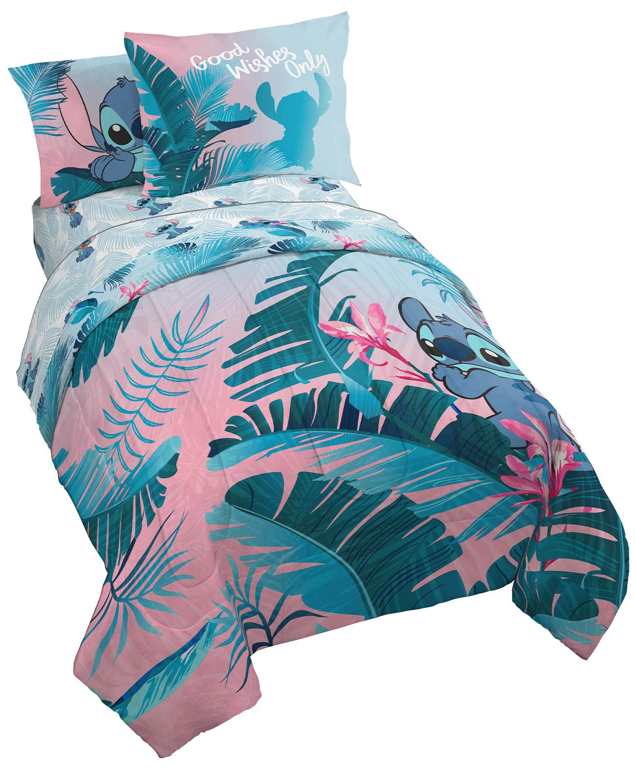 Jay Franco Disney Lilo & Stitch Floral Fun 5 Piece Twin Bed Set - Includes Reversible Comforter & Sheet Set Bedding - Super Soft