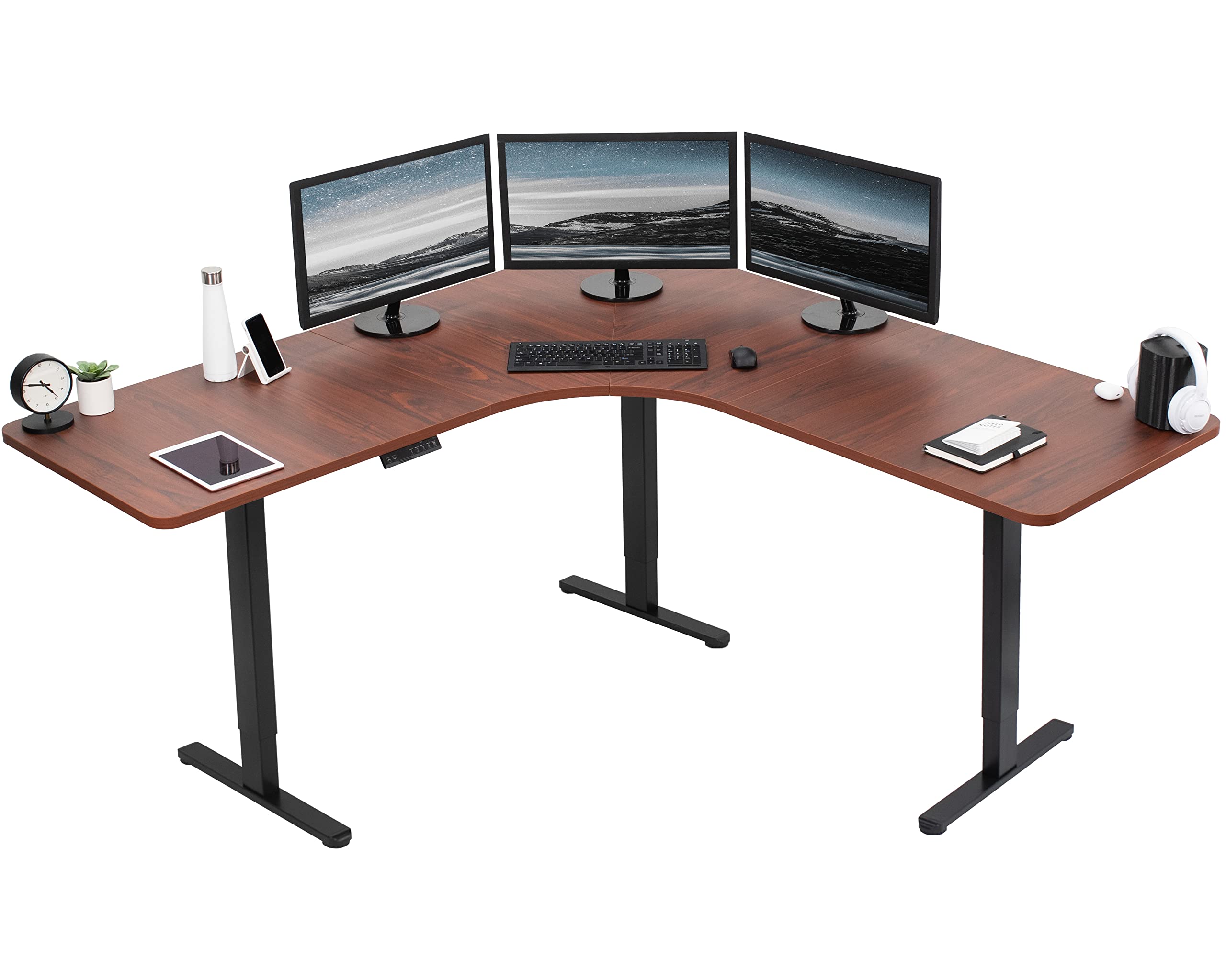 Vivo Electric Height Adjustable 71 X 71 Inch Curved Corner Stand Up Desk, Dark Walnut Table Top, Black Frame, Memory Controller, L-Shaped Workstation, E3C Series, Desk-Kit-E3Cbd