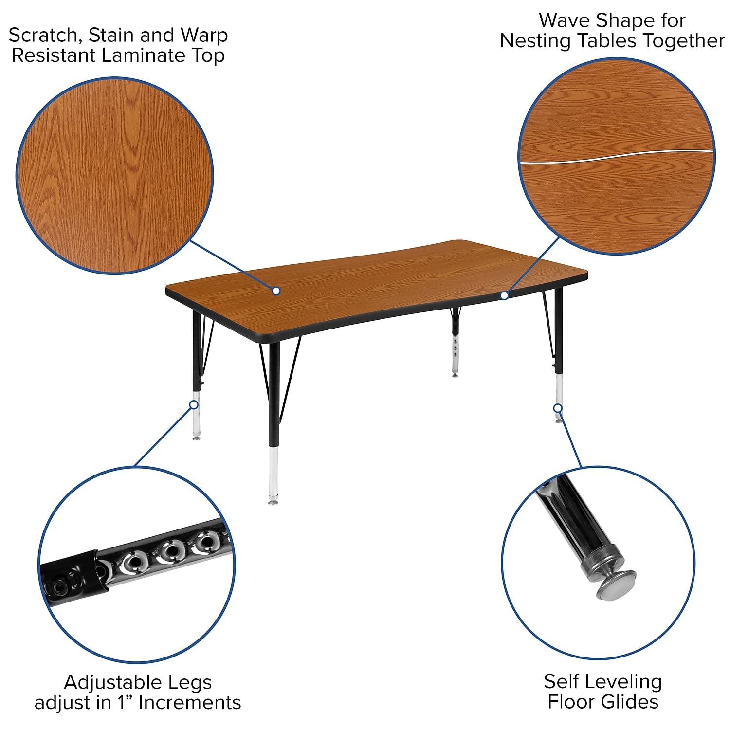 Flash Furniture 76" Oval Wave Collaborative Laminate Activity Table Set With 14" Student Stack Chairs, Oak/Black