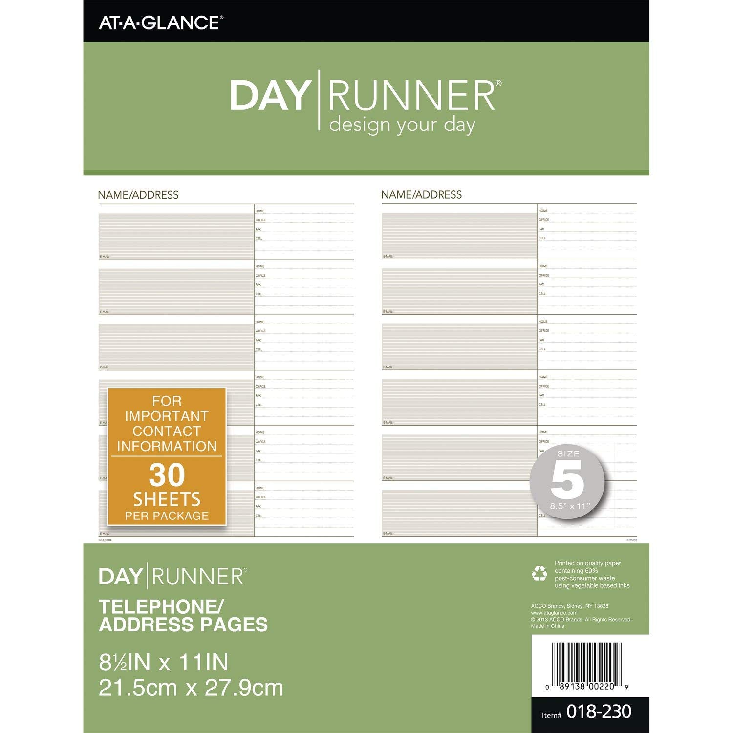 Day Runner Telephone And Address Pages, Refill, Loose-Leaf, Undated, For Planner, 8-1/2' X 11', Size 5, 30 Sheets/Pack (018-23