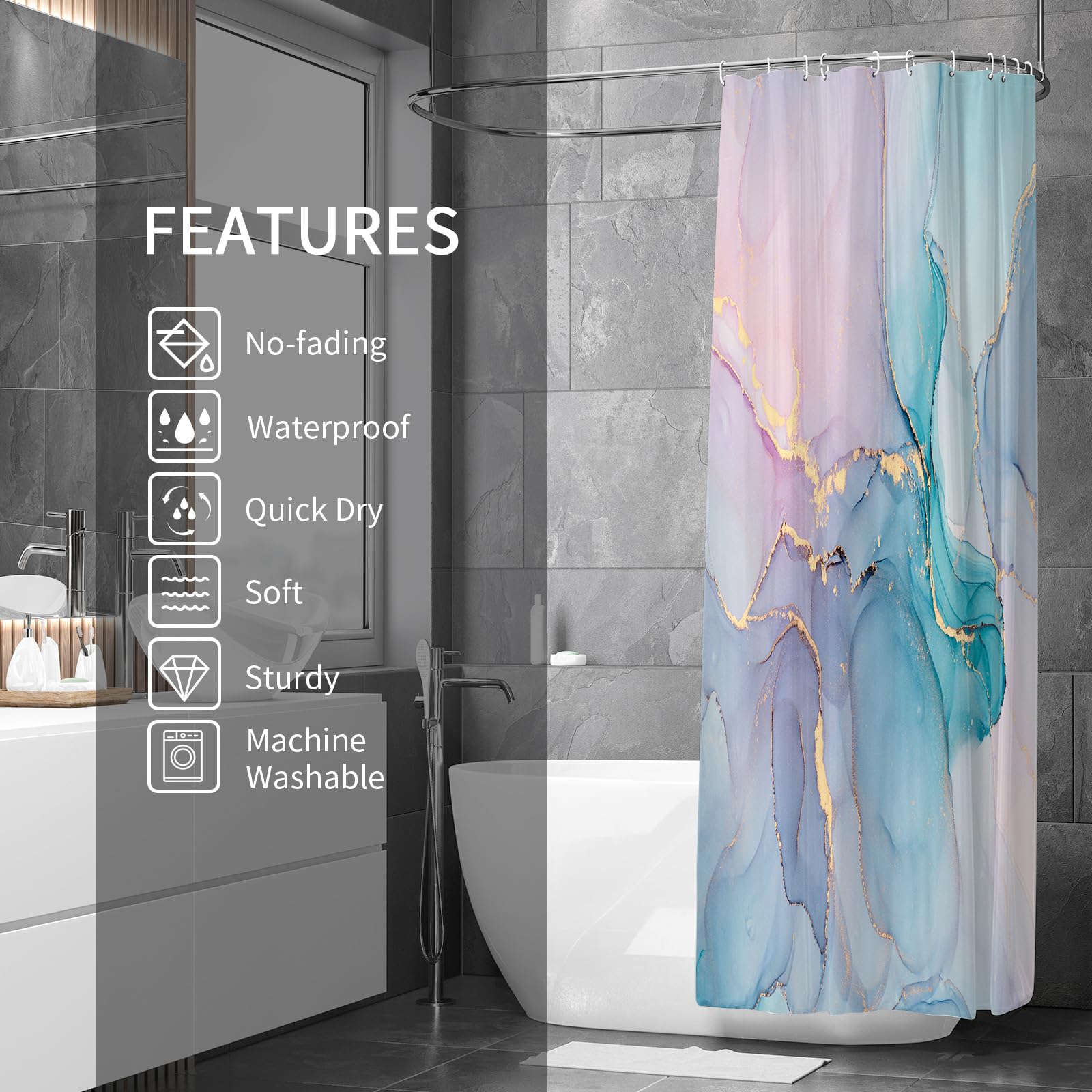 Gibelle Extra Long Shower Curtain 72 X 84, Tall Abstract Marble Shower Curtain, Pink Turquoise Modern Ink Art Waterproof Fabric