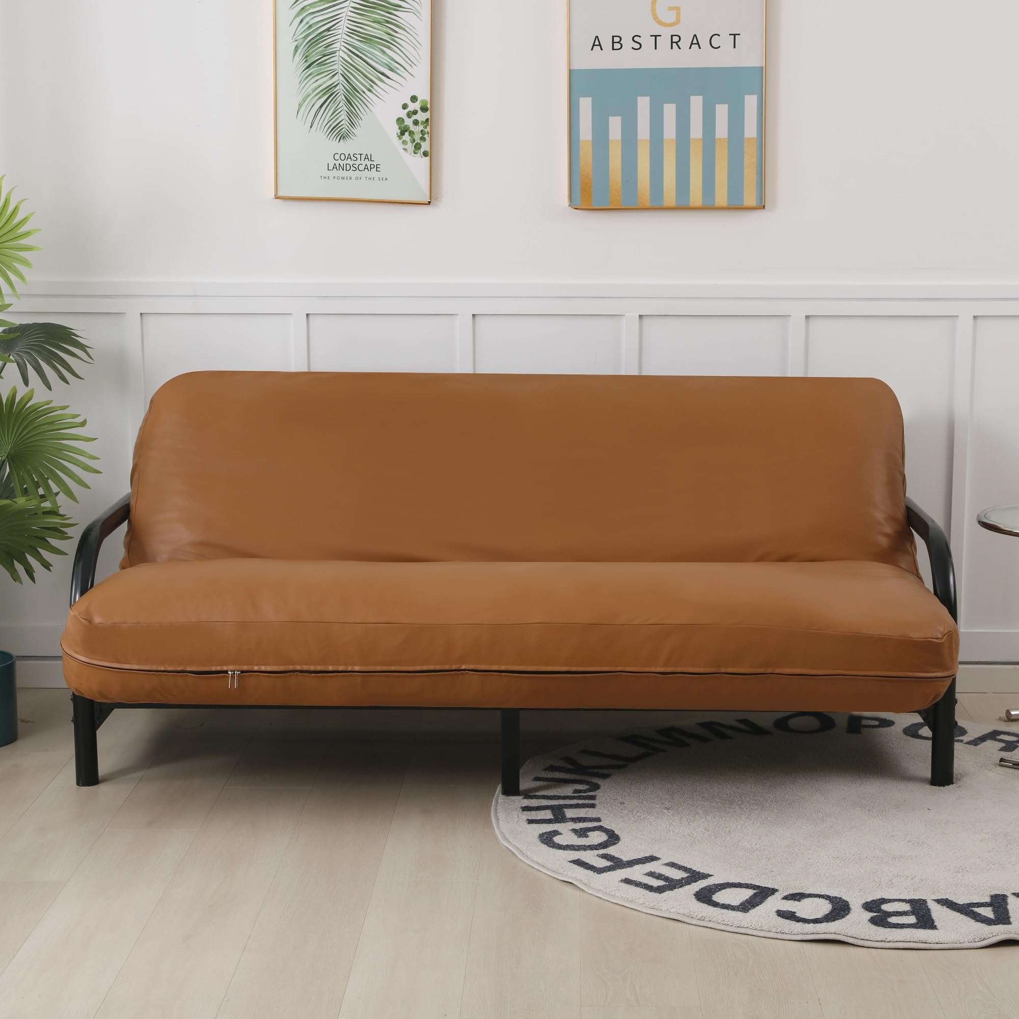 OctoRose Twin Size Faux Leather Futon Cover - Waterproof, Caramel, 3 Side Zipper, Model ZFC