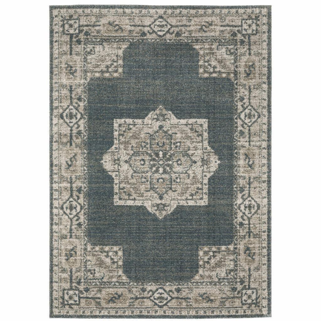 HomeRoots 508190 10 x 13 ft. Blue & Beige Oriental Power Loom Stain Resistant Rectangle Area Rug