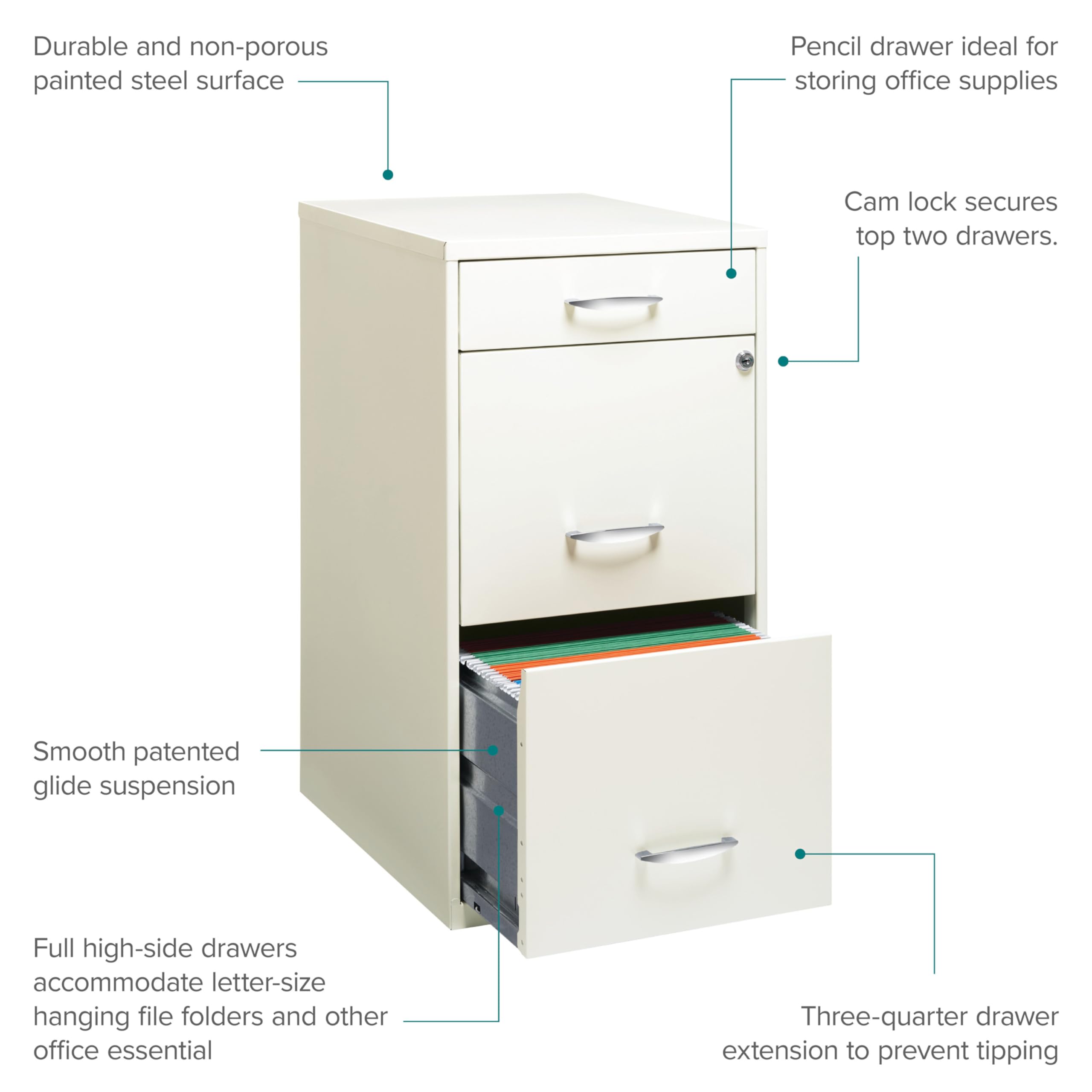 Hirsh Space Solutions 18' Deep 3-Drawer Contemporary Metal File Cabinet, Letter Size, Smooth Glides, For Small Office/Home Office, In Pearl White