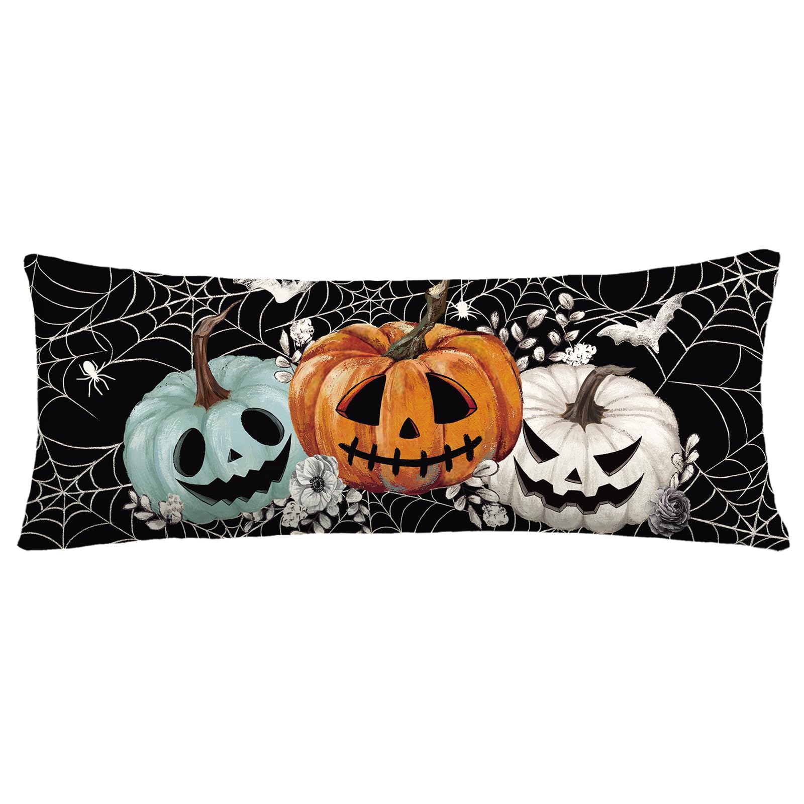 Baccessor Long Halloween Pillow Cover 14x36 Inch, Black Pumpkins Bats Spider Web Pillow Case Halloween Decor for Cushion Sofa Co
