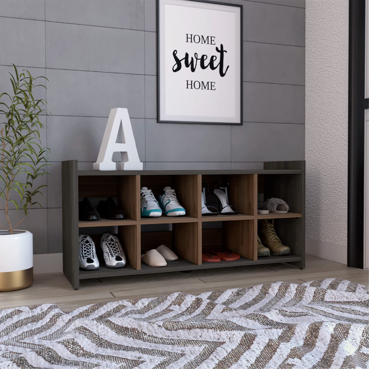 Modena Entryway Stackable Storage Unit, 8 Cubbies for Shoes, 8 Shoes Capacity, Carbon Espresso/Mahogany