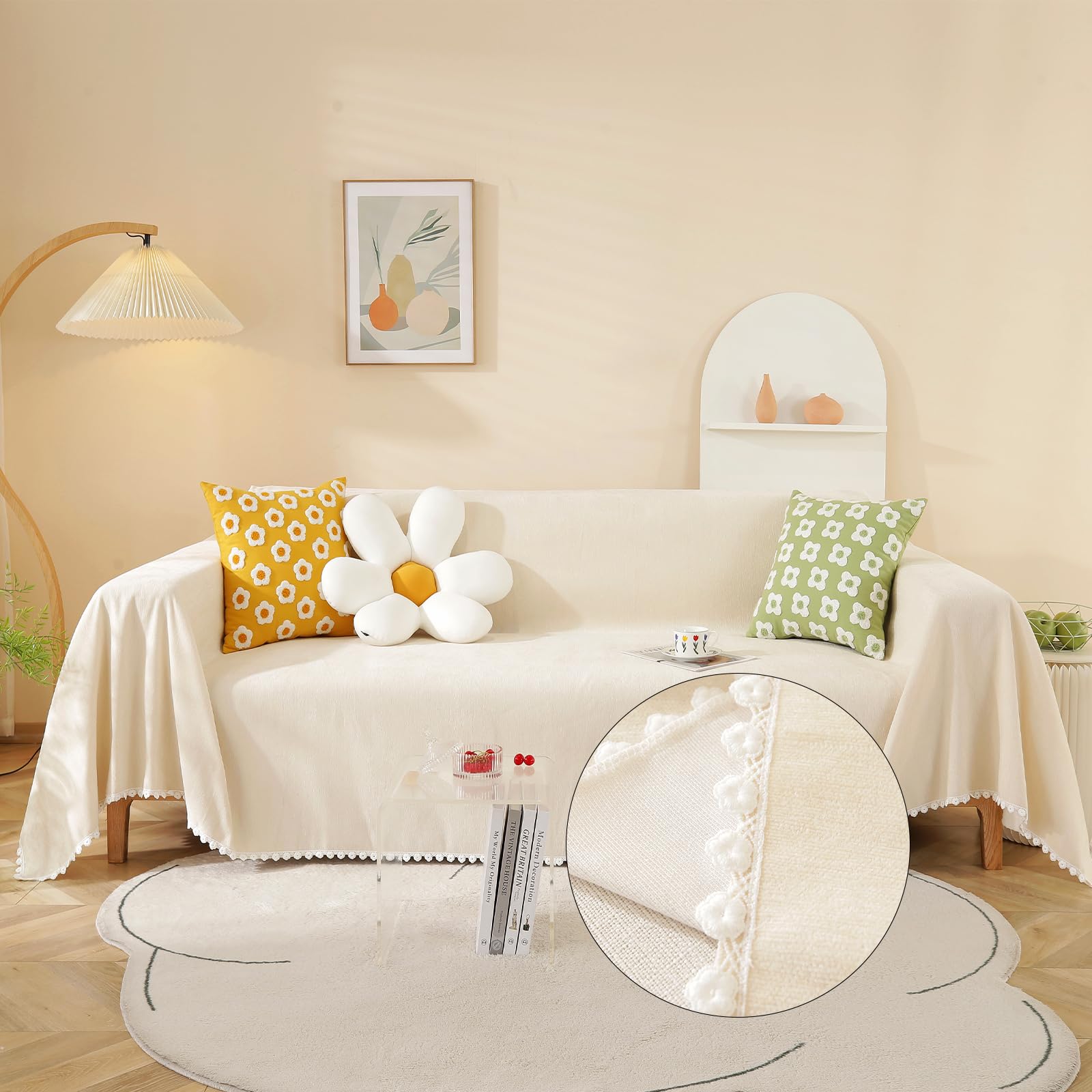 Handontime Beige Couch Covers For 3 Cushion Couch Sofa Cute Sofa Covers With White Daisy Lace Pet Couch Protector Thick Chenille Couch Cover For Dogs Sectional Sofa L Shape Futon Couch, 71' X134'