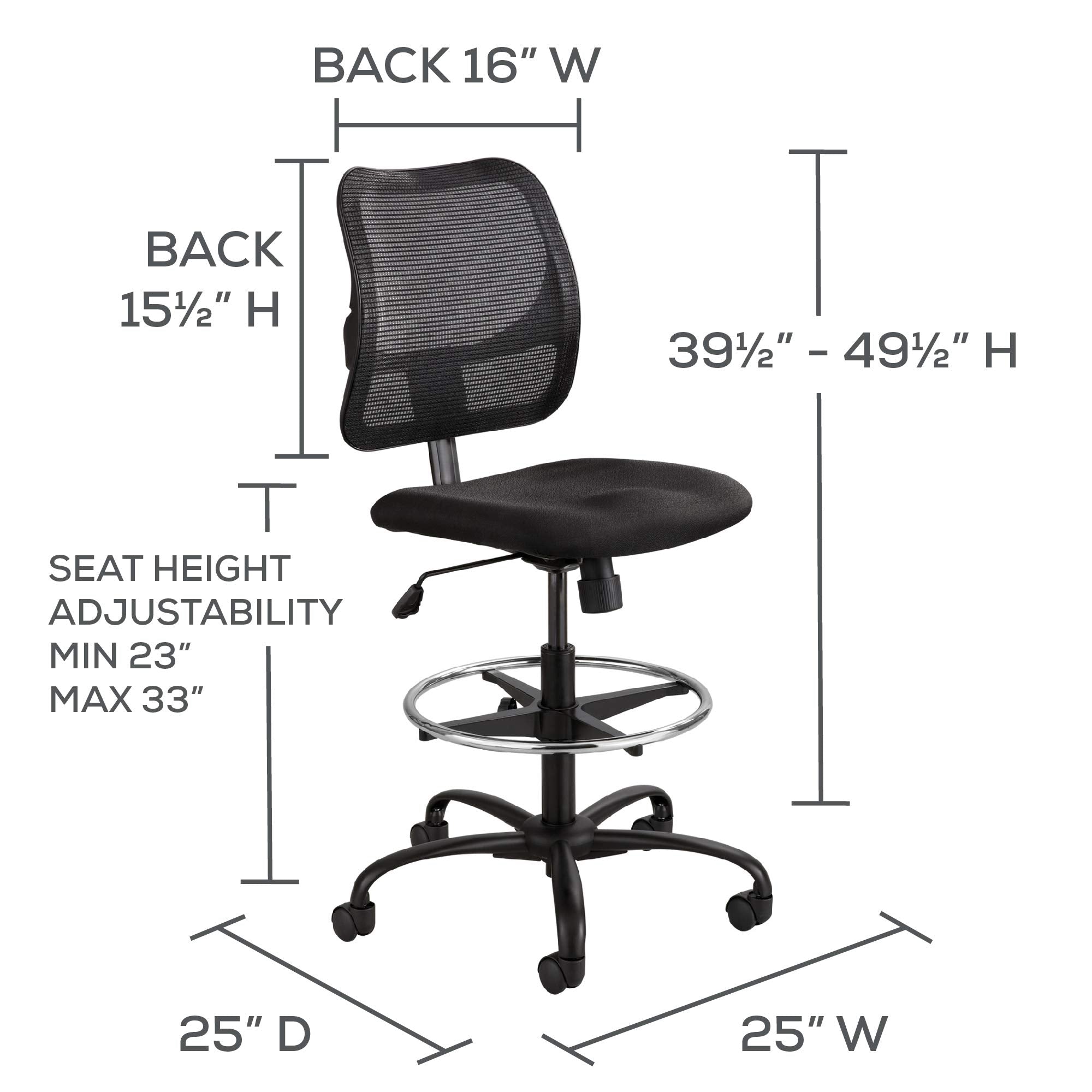 Safco Rolling Chair, Extended Height, Black Vinyl Mesh, Adjustable Height, Supportive Back and Ergonomic Design, 250 lbs Capacity, Black