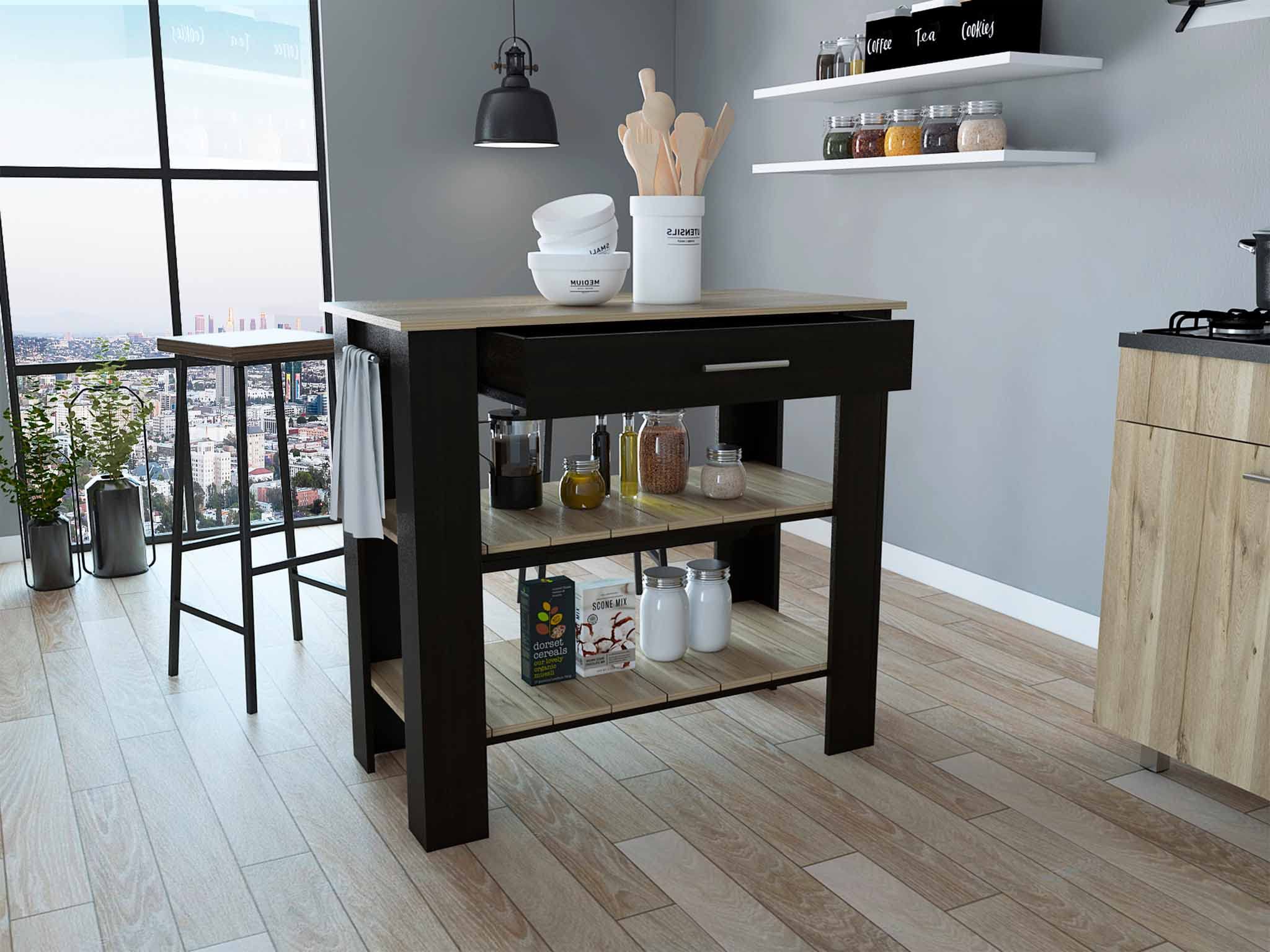 HomeRoots Black - Light Oak Particle Board Light Oak and Black Kitchen Island with Drawer and Two Open Shelves