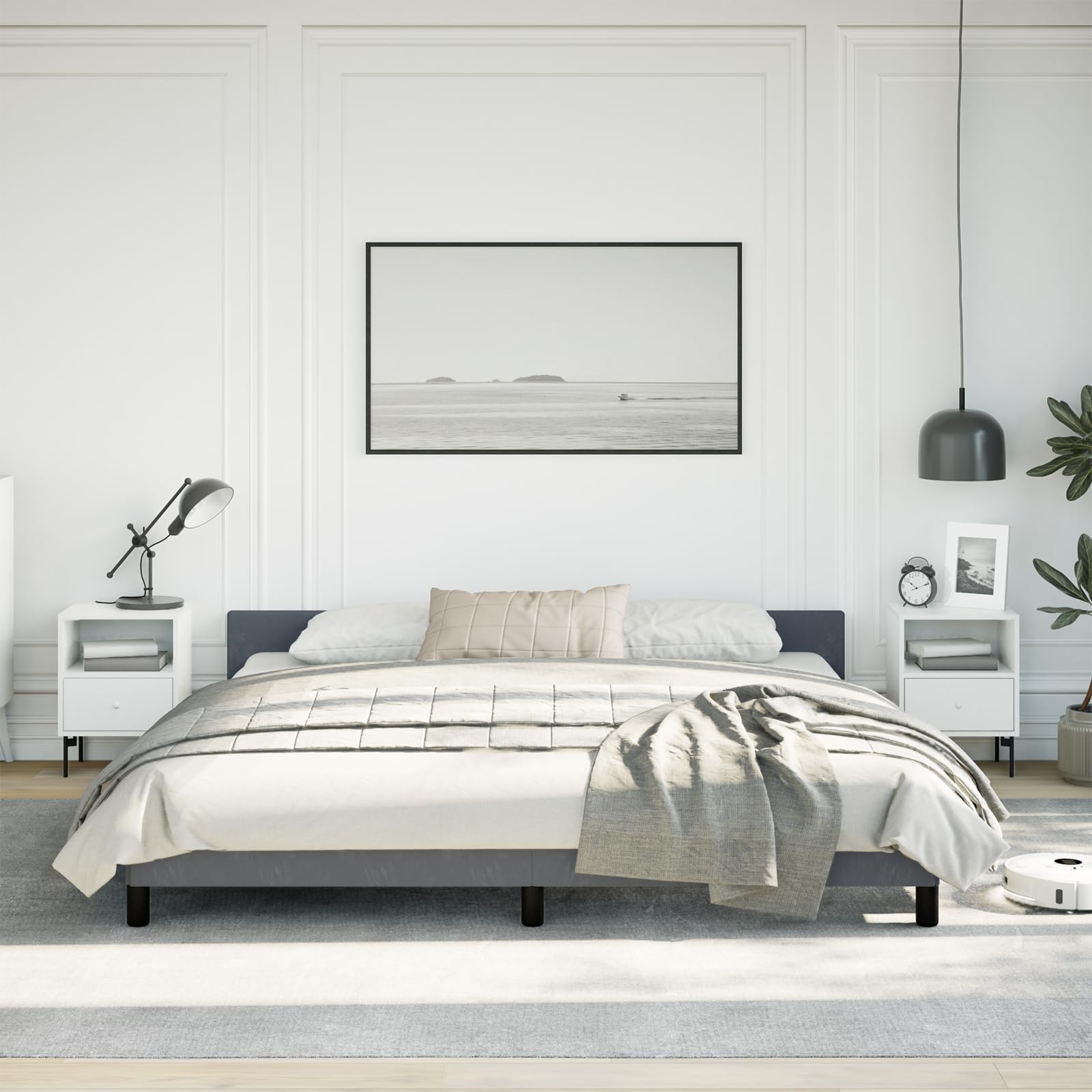vidaXL Velvet Bed Frame Platform Bed, Scandinavian Style/Slats Support/No Box Spring Needed/Without Mattress/Easy Assembly, Dark Grey King Bed