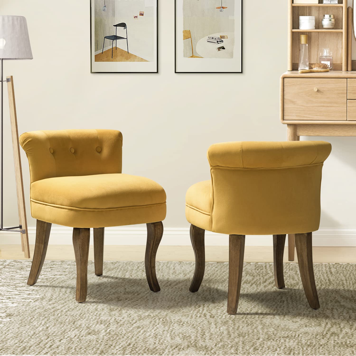 HULALA HOME Velvet Vanity Chairs with Low Back, Modern Vanity Stool with Solid Wood Legs, Small Upholstered Makeup Chair for Bed