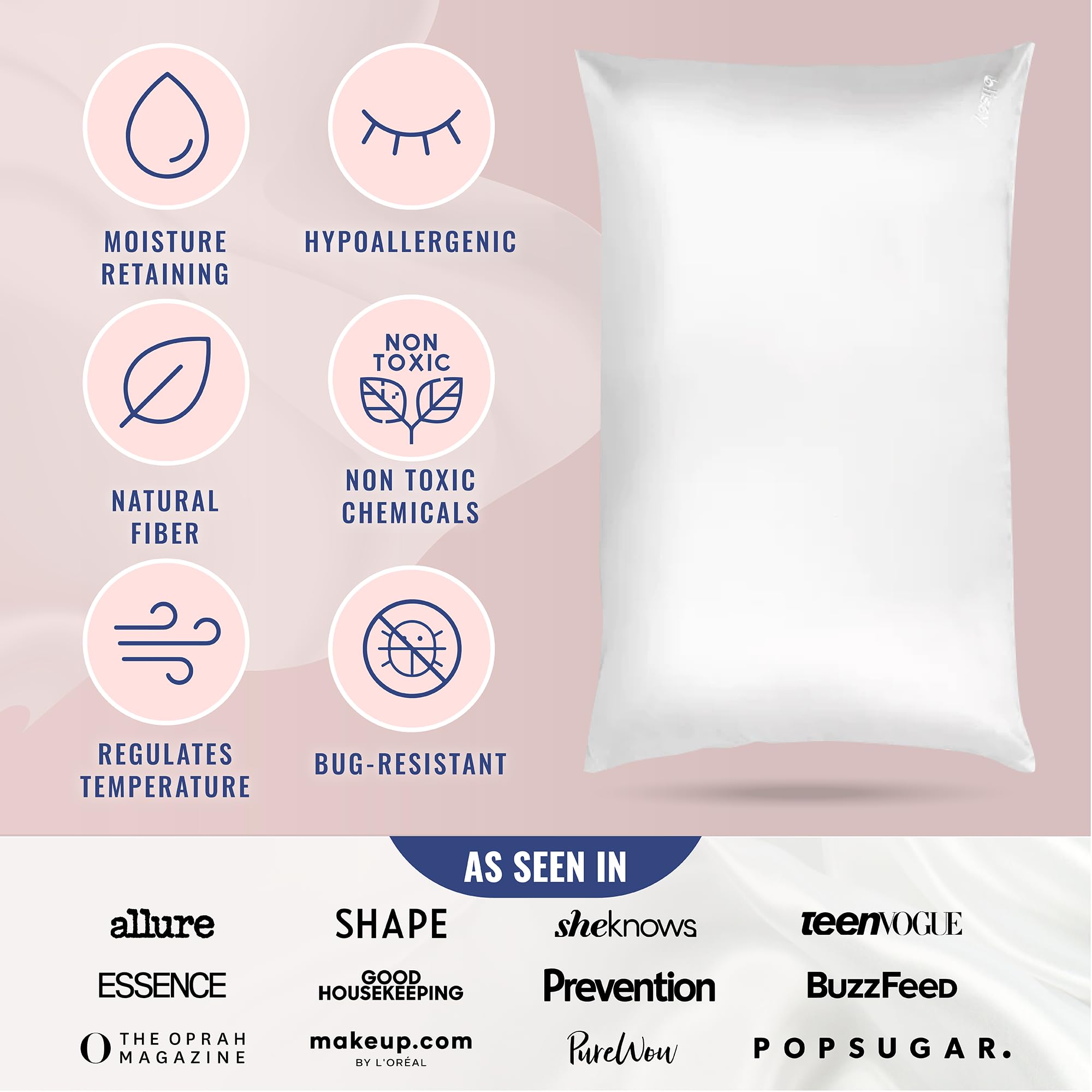 BLISSY Silk Pillowcase - 100% Pure Mulberry Silk, 22 Momme - Standard/Queen/King Size, White, Hidden Zipper, Moisture Wicking
