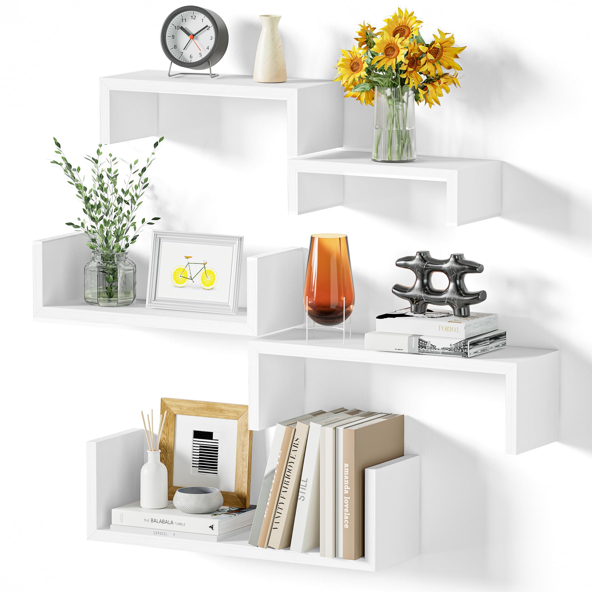 Sriwatana Floating Shelves For Bathroom, Bedroom, Living Room, Kitchen, Office - Wood Wall Shelves Set Of 5 (Washed White)
