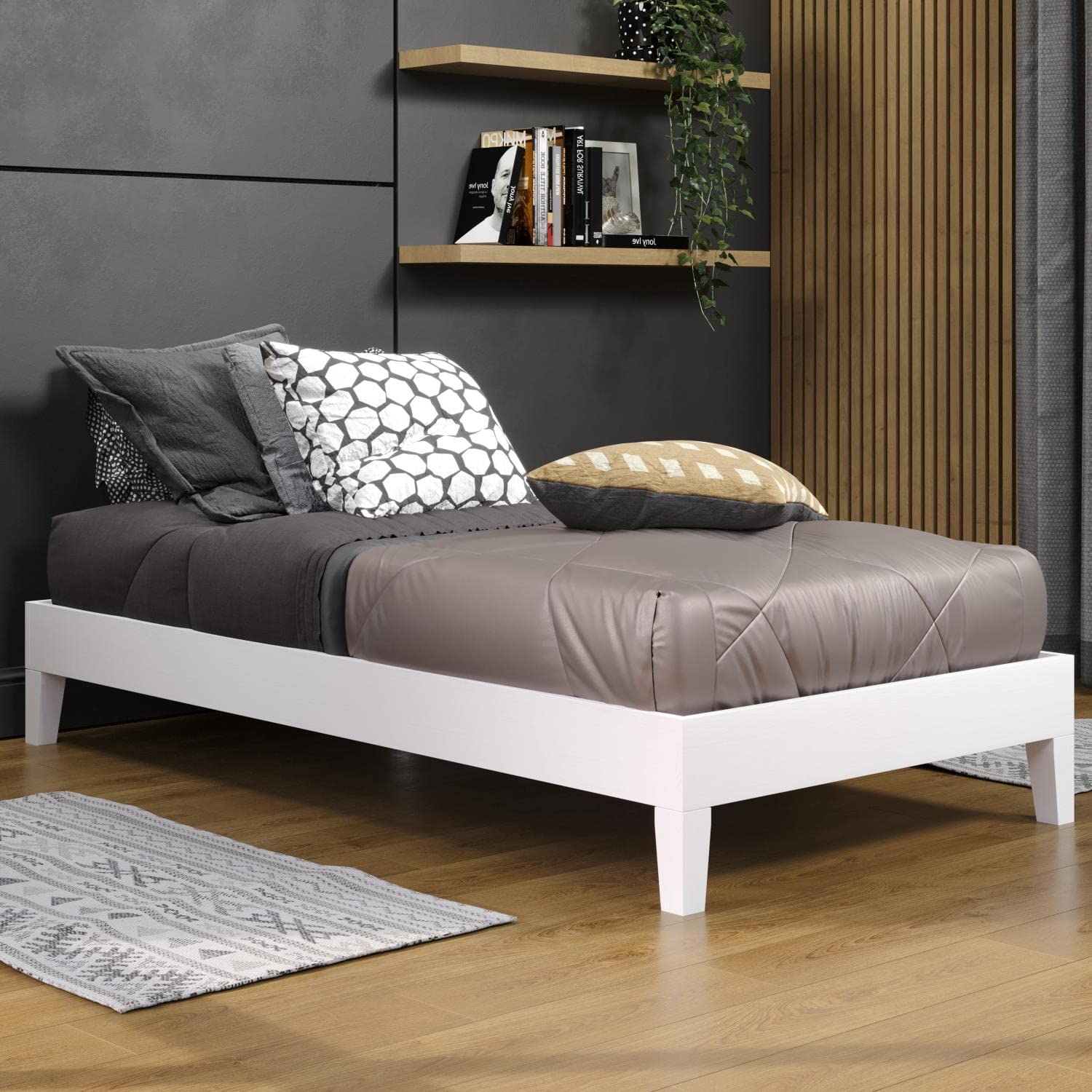Steve Silver Co Nix Twin Platform Bed, 14-Slat Support System, Bedroom, 6.5-Inch Under Bed Clearance, Solid Pine Wood, No Box Spring Needed, 77.01" L x 40.47" W x 12.24" H, White