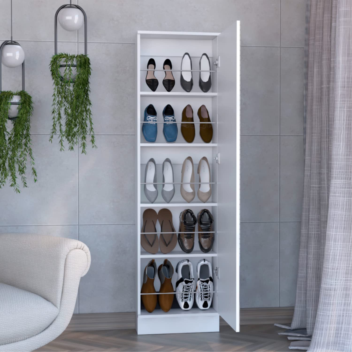 Shoe Rack 67" H, 5 Internal Storage Shelves, A Mirror, A Door, Approximate Capacity of 10 Pairs of Shoes, White