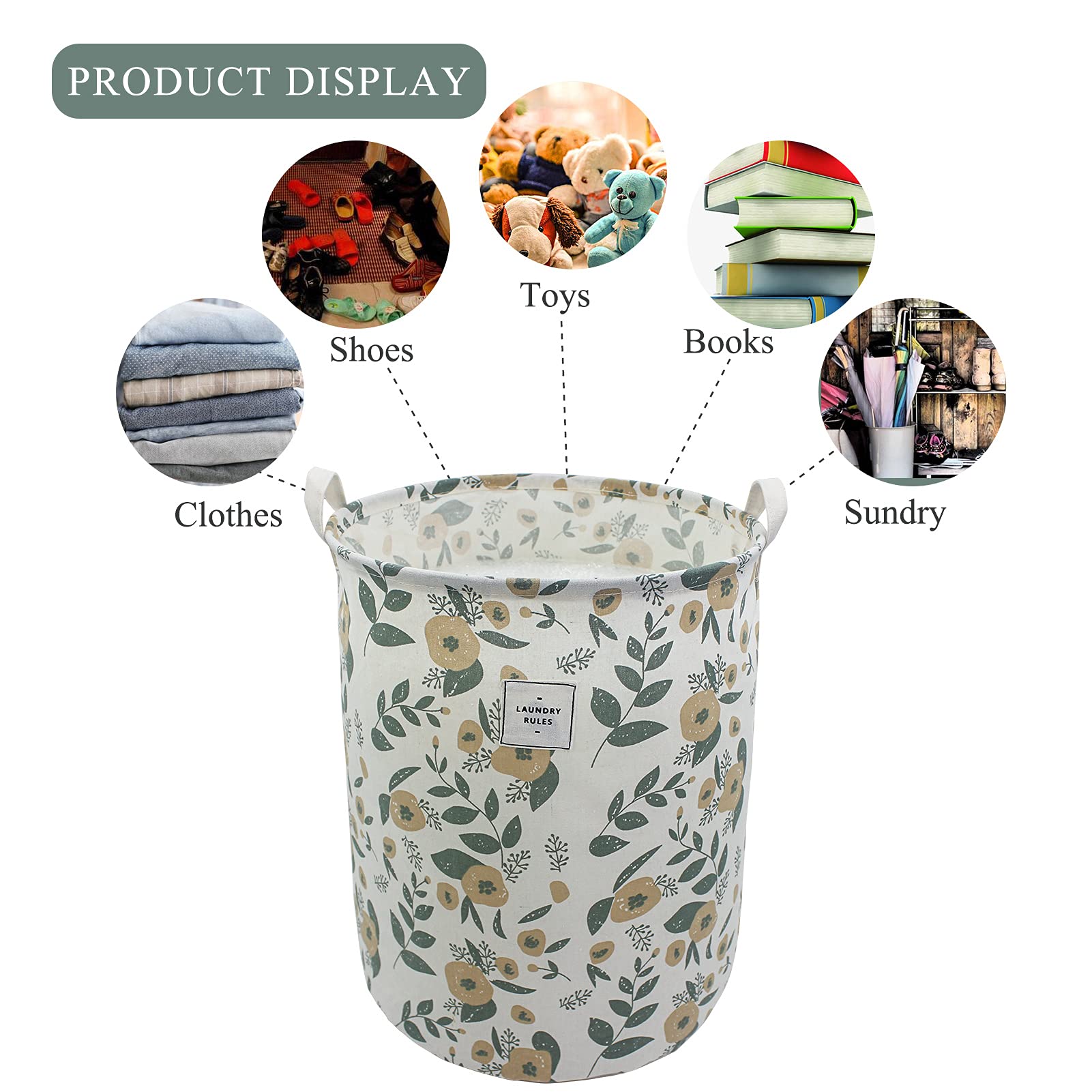 Mziart Collapsible Laundry Basket, Floral Printing Large Laundry Hamper For Baby Girls Kids Toys Clothes Organizer Foldable Storage Bin Waterproof Canvas Nursery Storage Basket With Handles (Green)