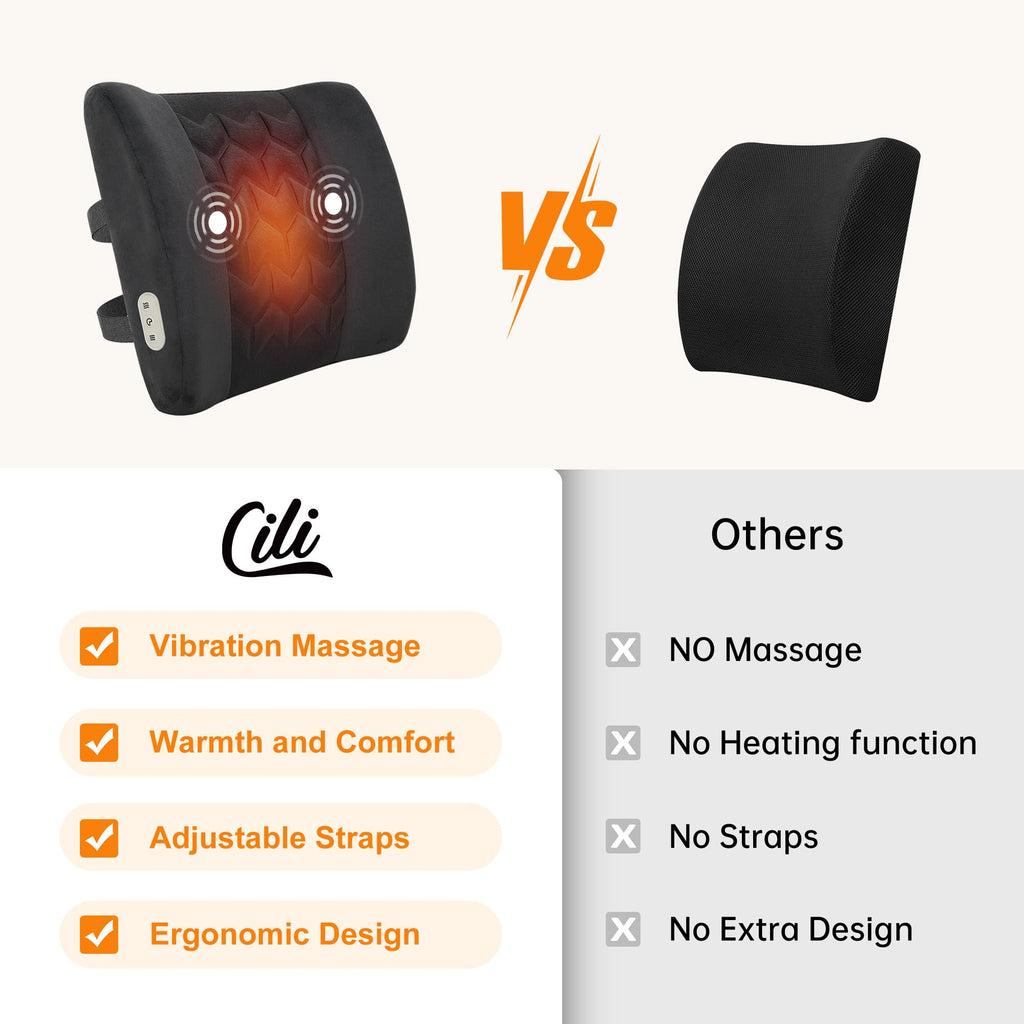 CILI Lumbar Support Pillow CL-4102, Heated Back Support with Vibration, Ergonomic Cotton, Black