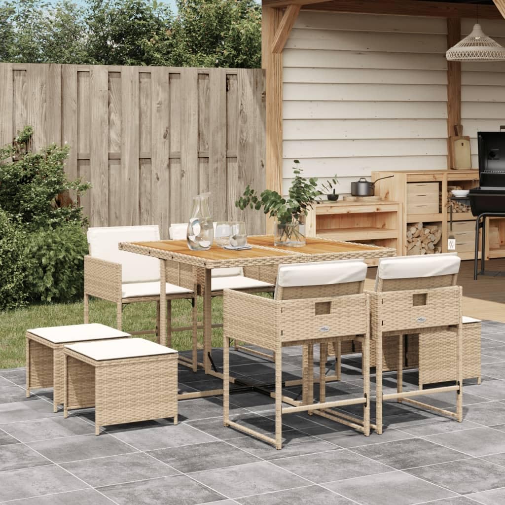 vidaXL - 9 Piece Patio Dining Set with Cushions - Beige Poly Rattan - for Garden, Backyard, Patio - Space-Saving with Flap Backrest, Removable Covers - Acacia Wood Table - UV and Weather Resistant