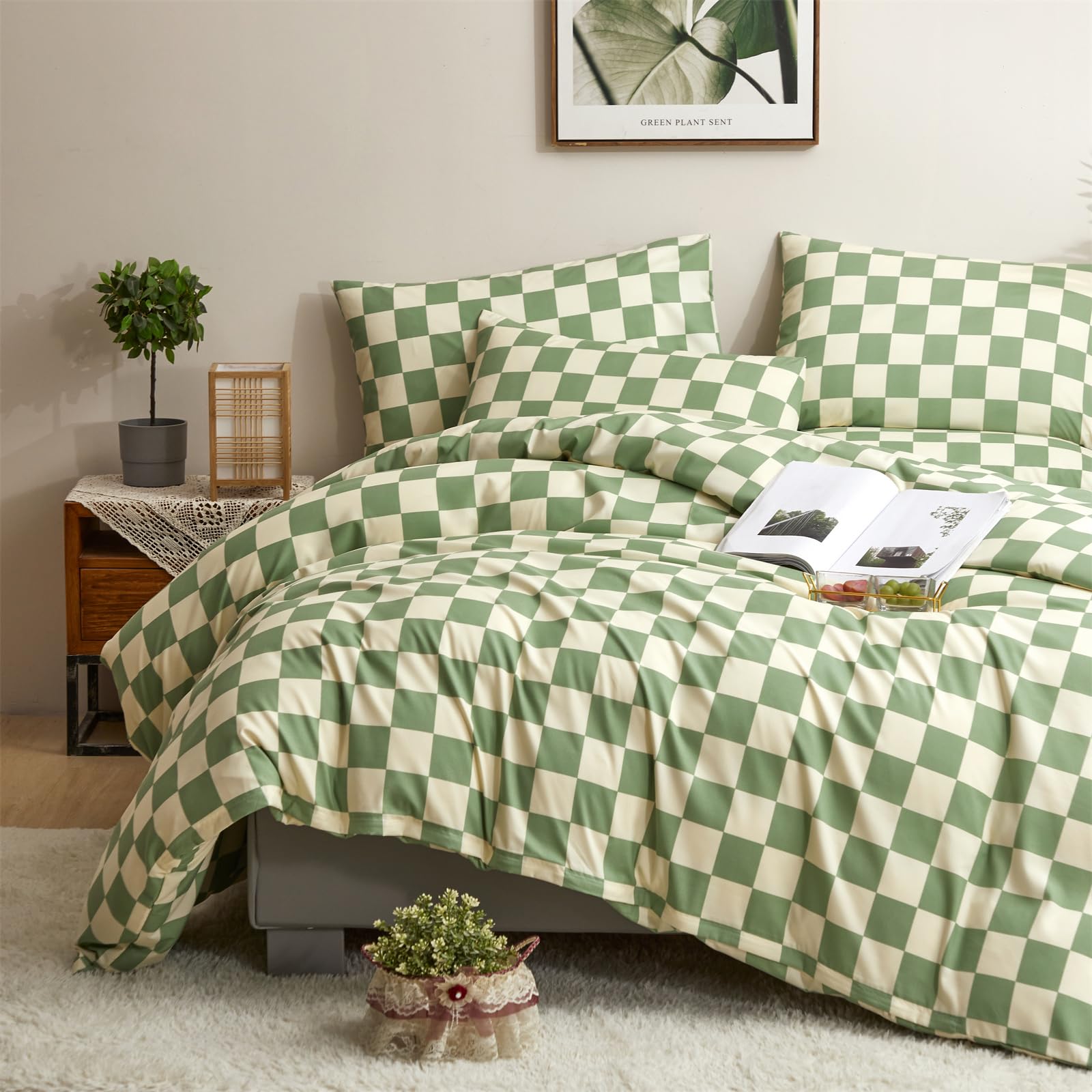 Clothknow Green White Grid Comforter Set Full 3Pcs Plaid Bedding Comforter Sets Sage Green White Comforter Full Size Soft Geomet